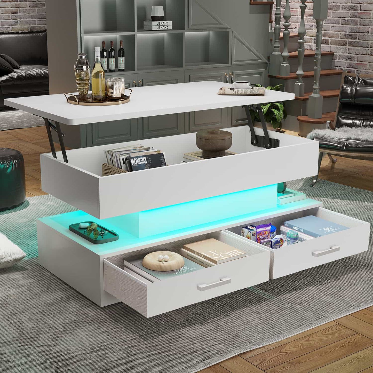 40 Inches Lift Top Coffee Table with 2 Drawers and LED Lights White