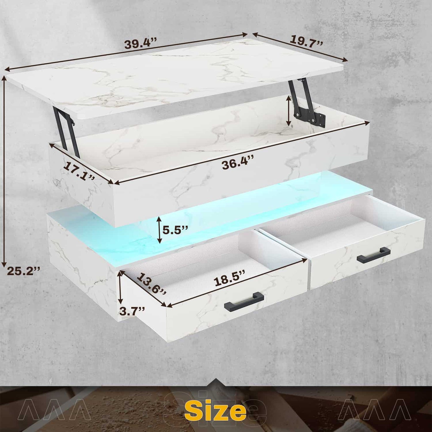 40 Inches Lift Top Coffee Table with 2 Drawers and LED Lights White Marble