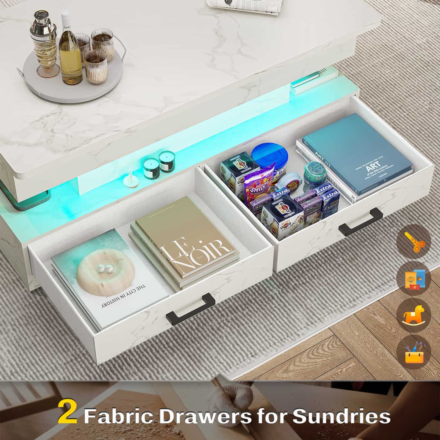 40 Inches Lift Top Coffee Table with 2 Drawers and LED Lights White Marble