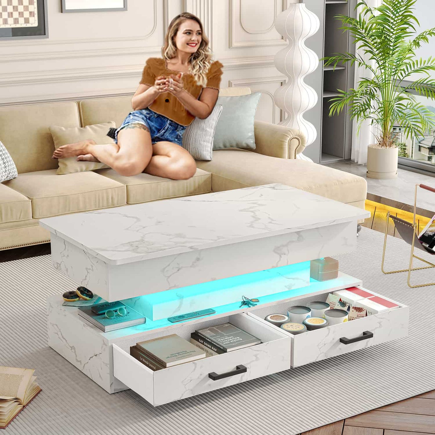 40 Inches Lift Top Coffee Table with 2 Drawers and LED Lights White Marble