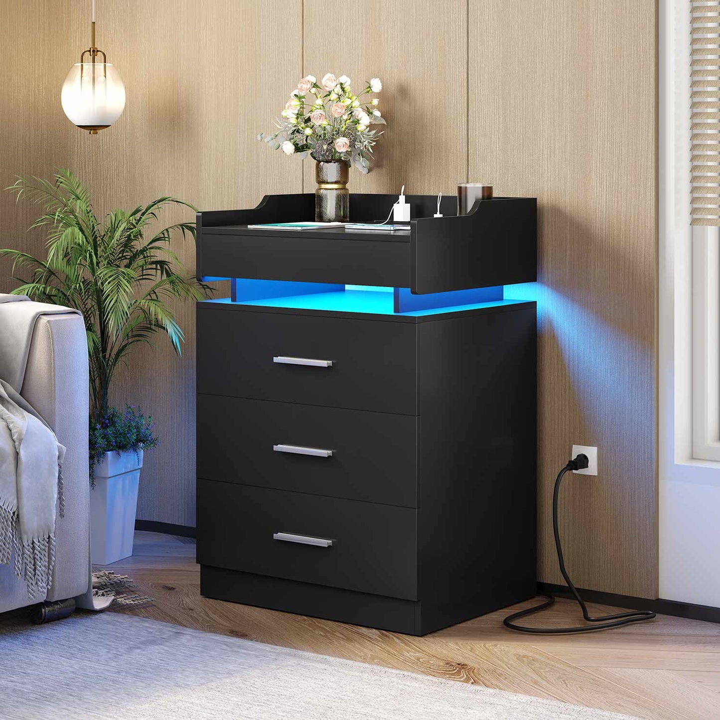 LED Nightstand with Charging Station Black