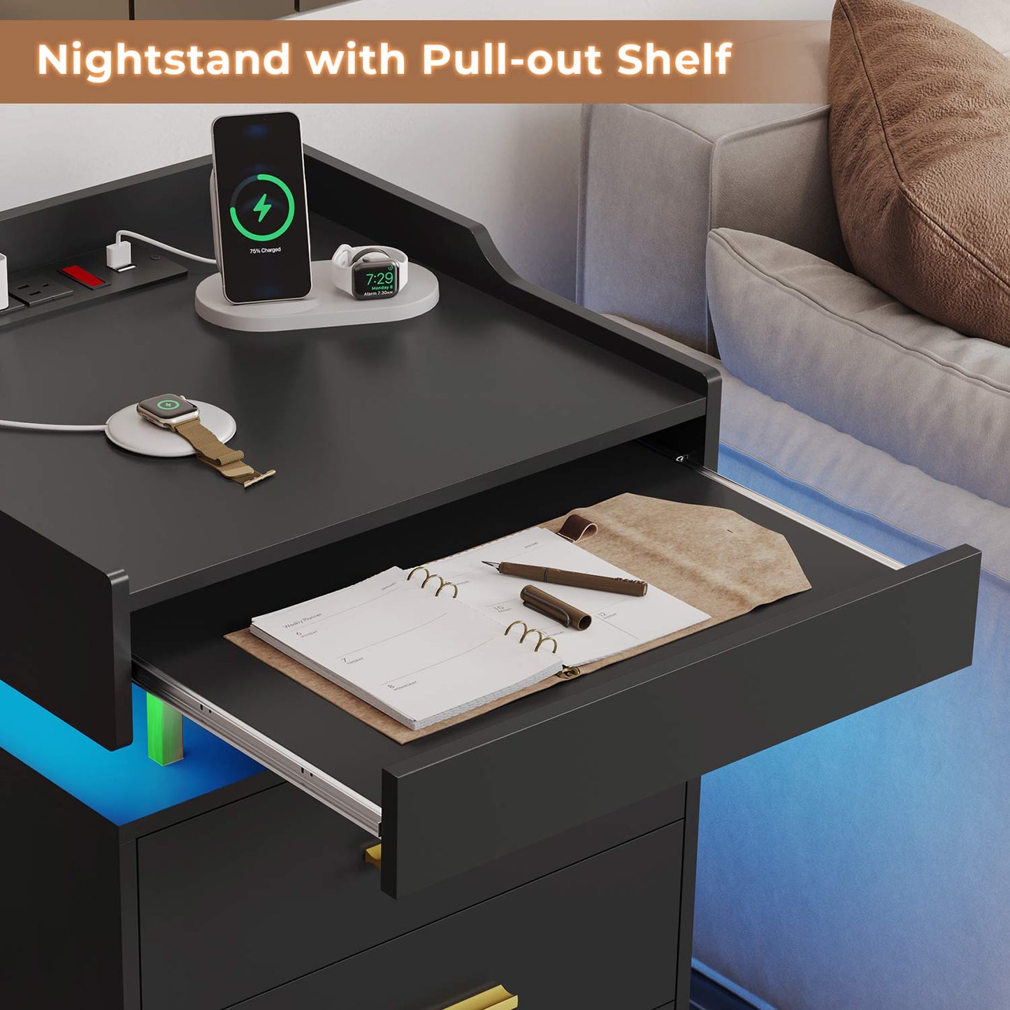 LED Nightstand with 3 Storage Drawers Black