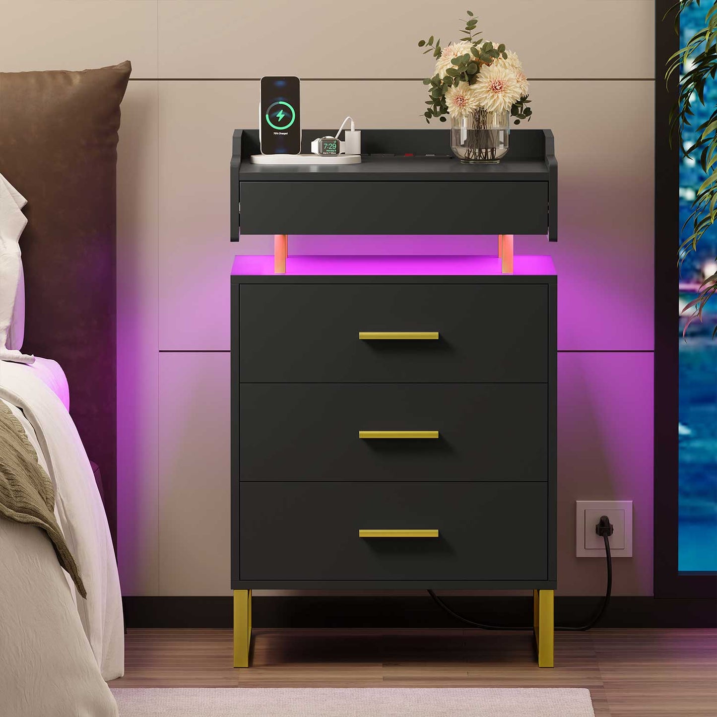 LED Nightstand with 3 Storage Drawers Black