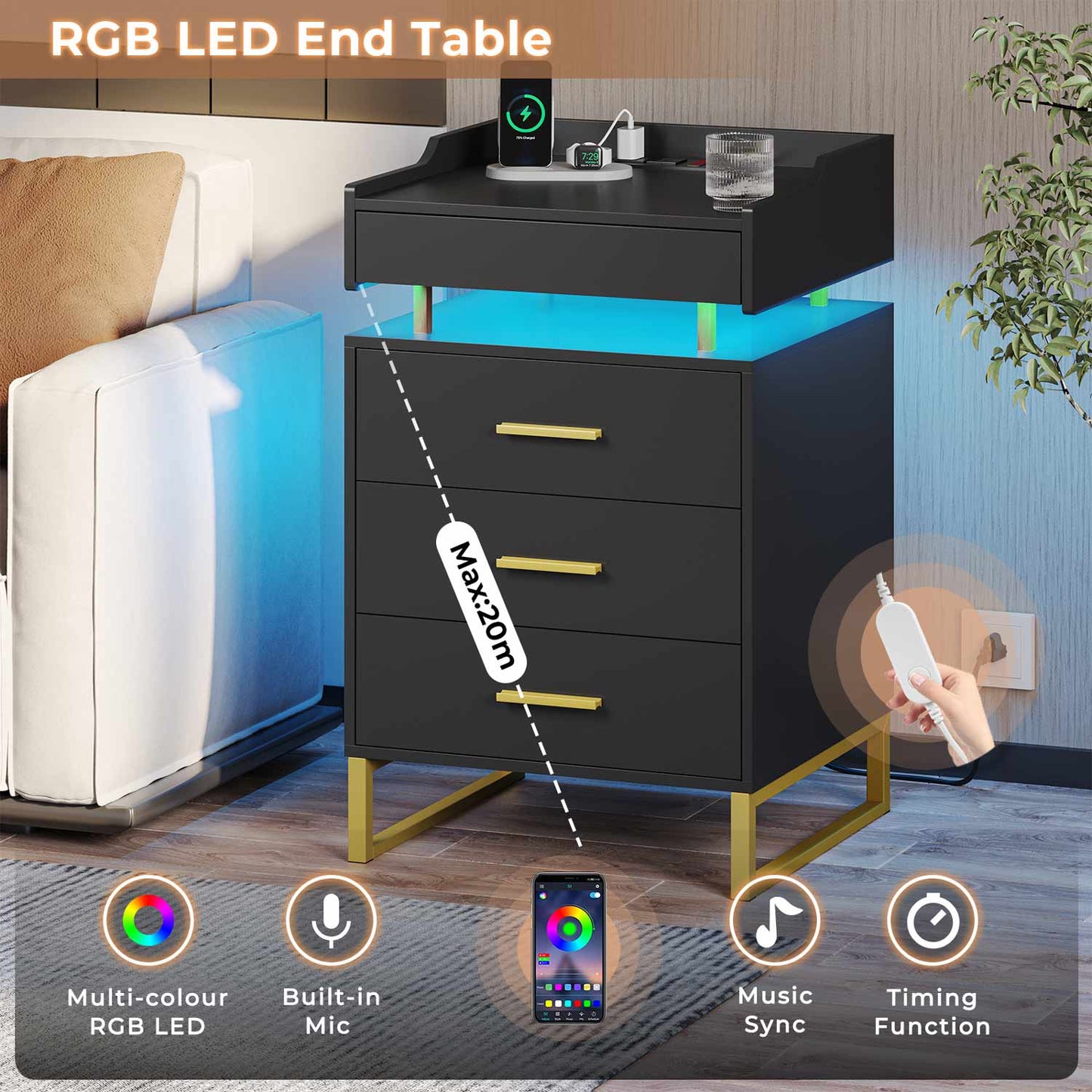 LED Nightstand with 3 Storage Drawers Black