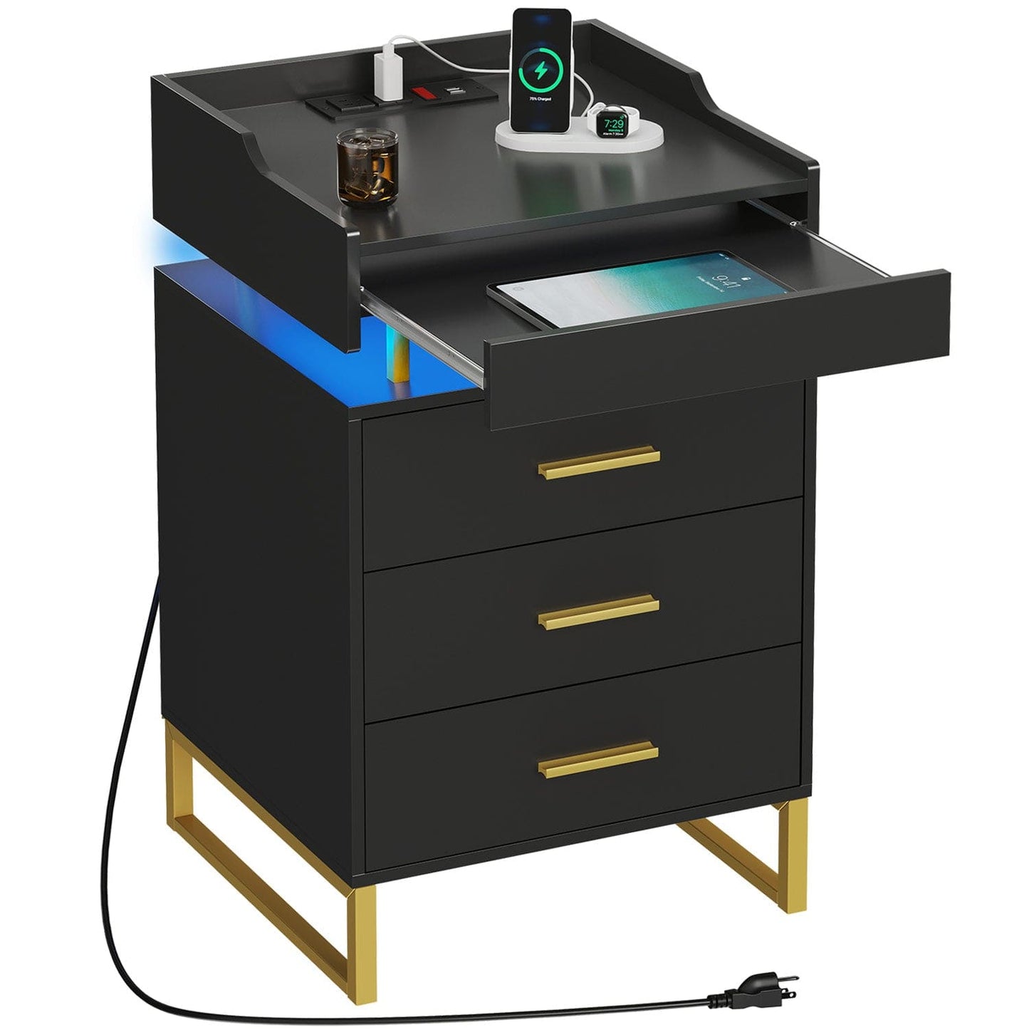 LED Nightstand with 3 Storage Drawers Black