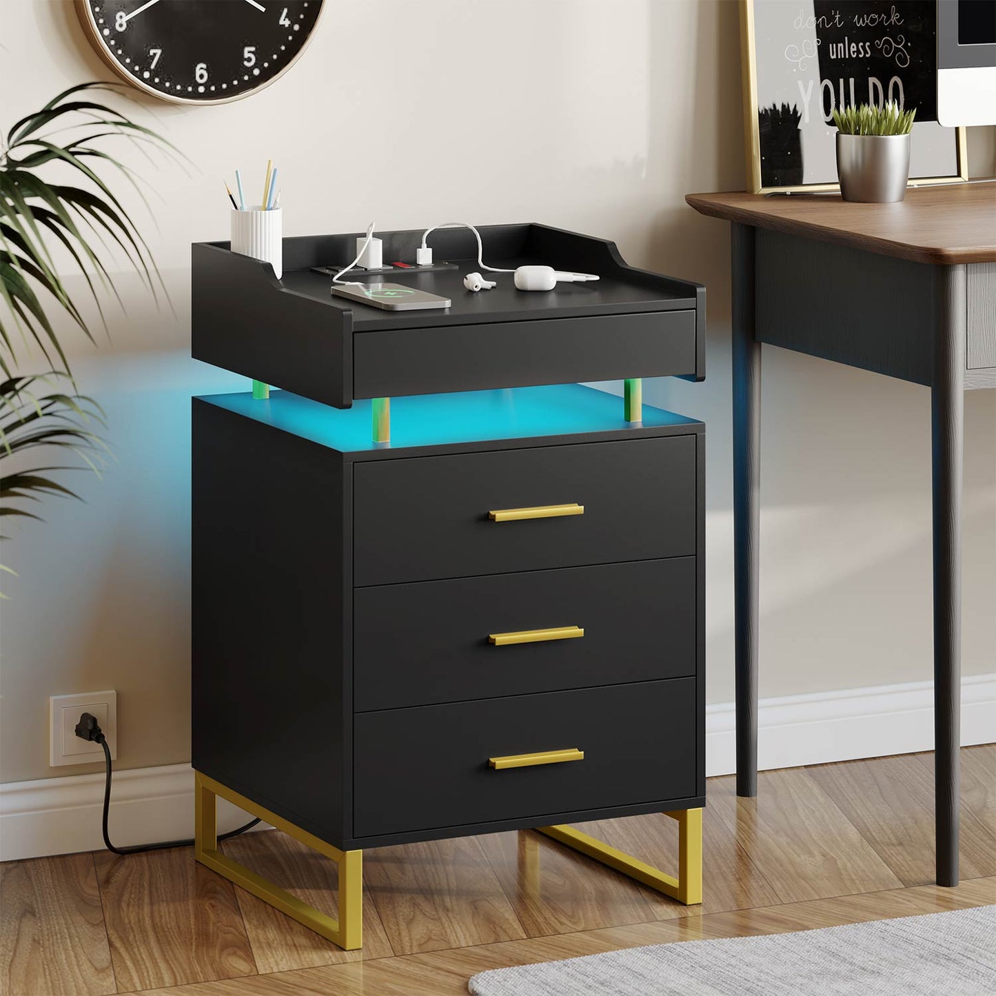 LED Nightstand with 3 Storage Drawers Black