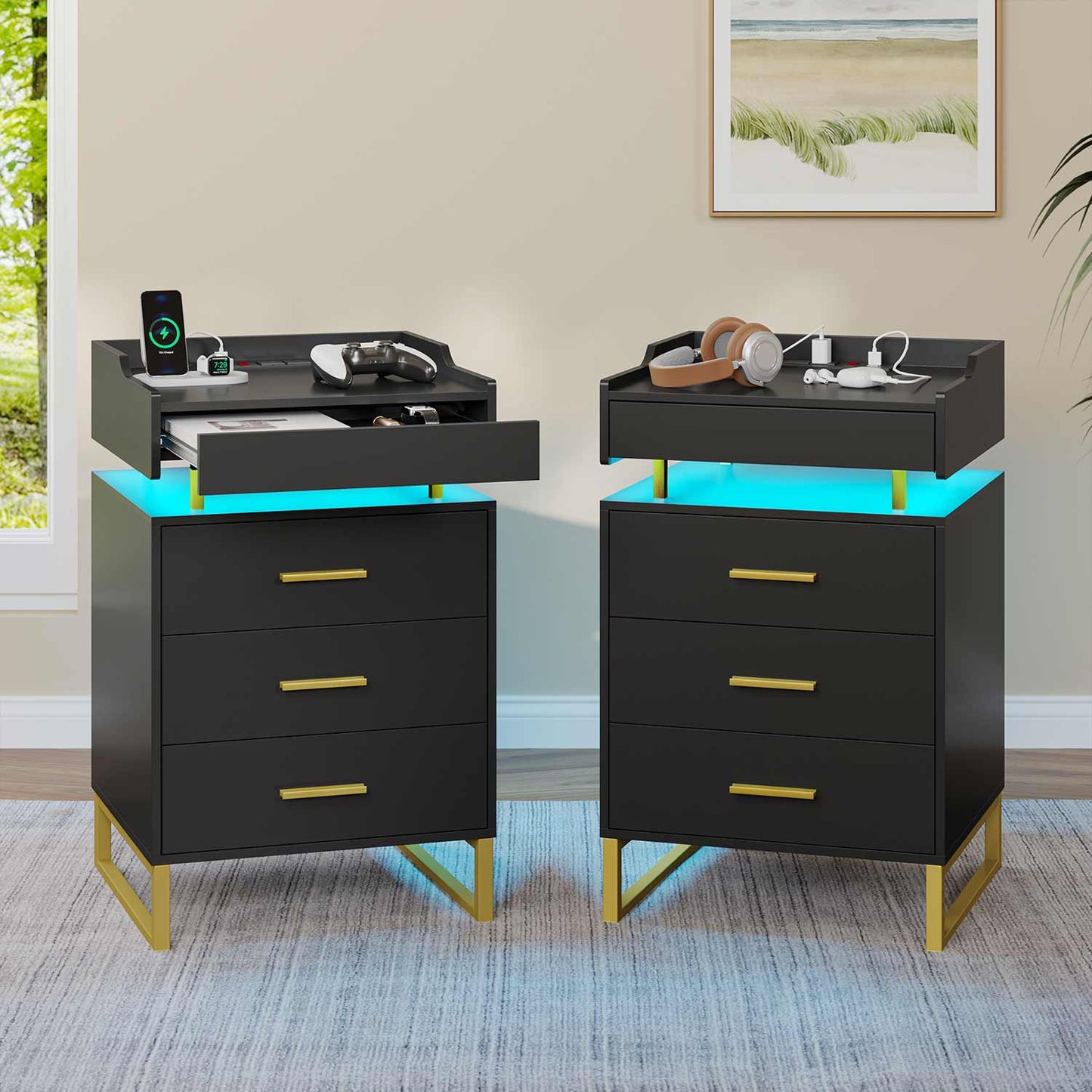 LED Nightstand with 3 Storage Drawers Black