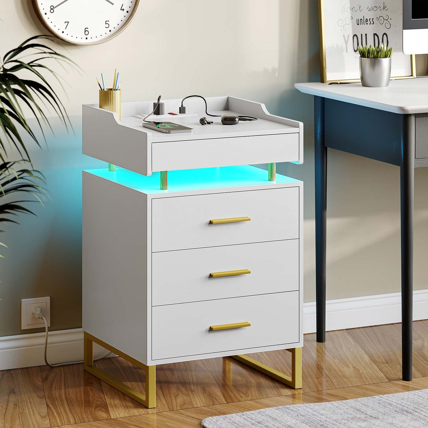 LED Nightstand with 3 Storage Drawers White
