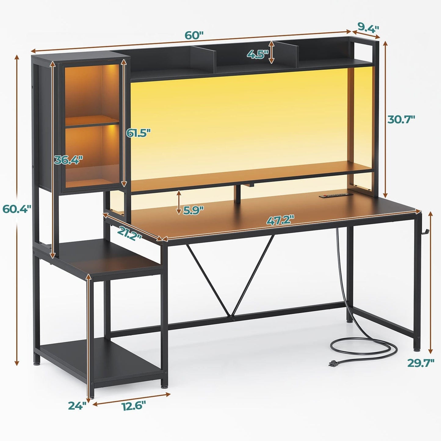 60 Inches LED Gaming Desk With Power Outlet Black