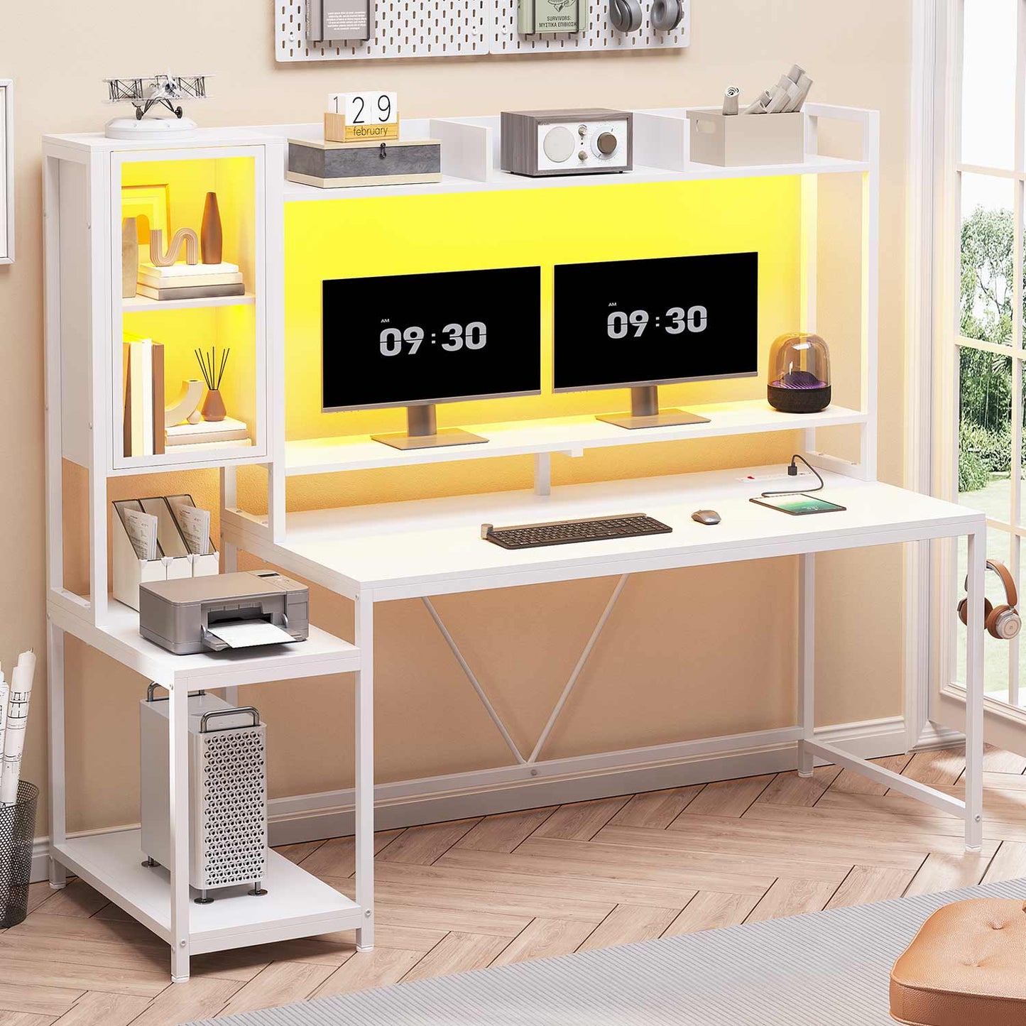 60 Inches LED Gaming Desk With Power Outlet White