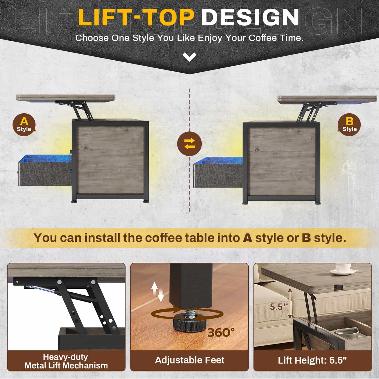 40in Lift Top Coffee Table Grey