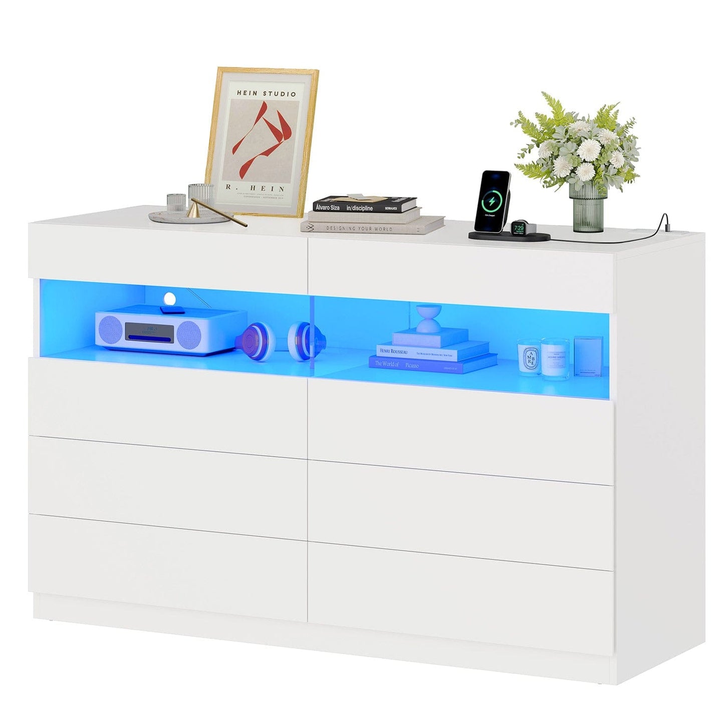 LED 6 Drawers Dresser with Charging Station White