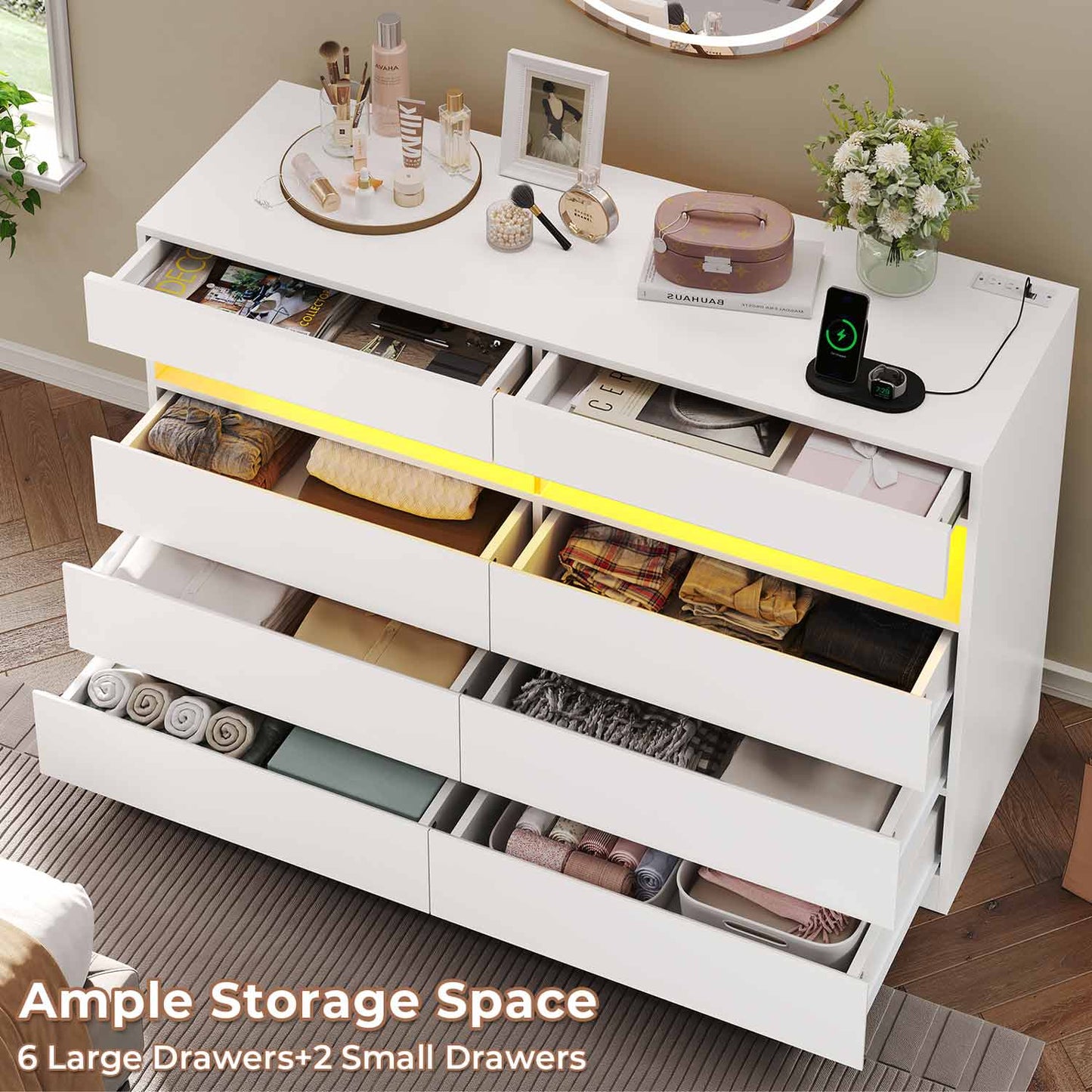 LED 6 Drawers Dresser with Charging Station White
