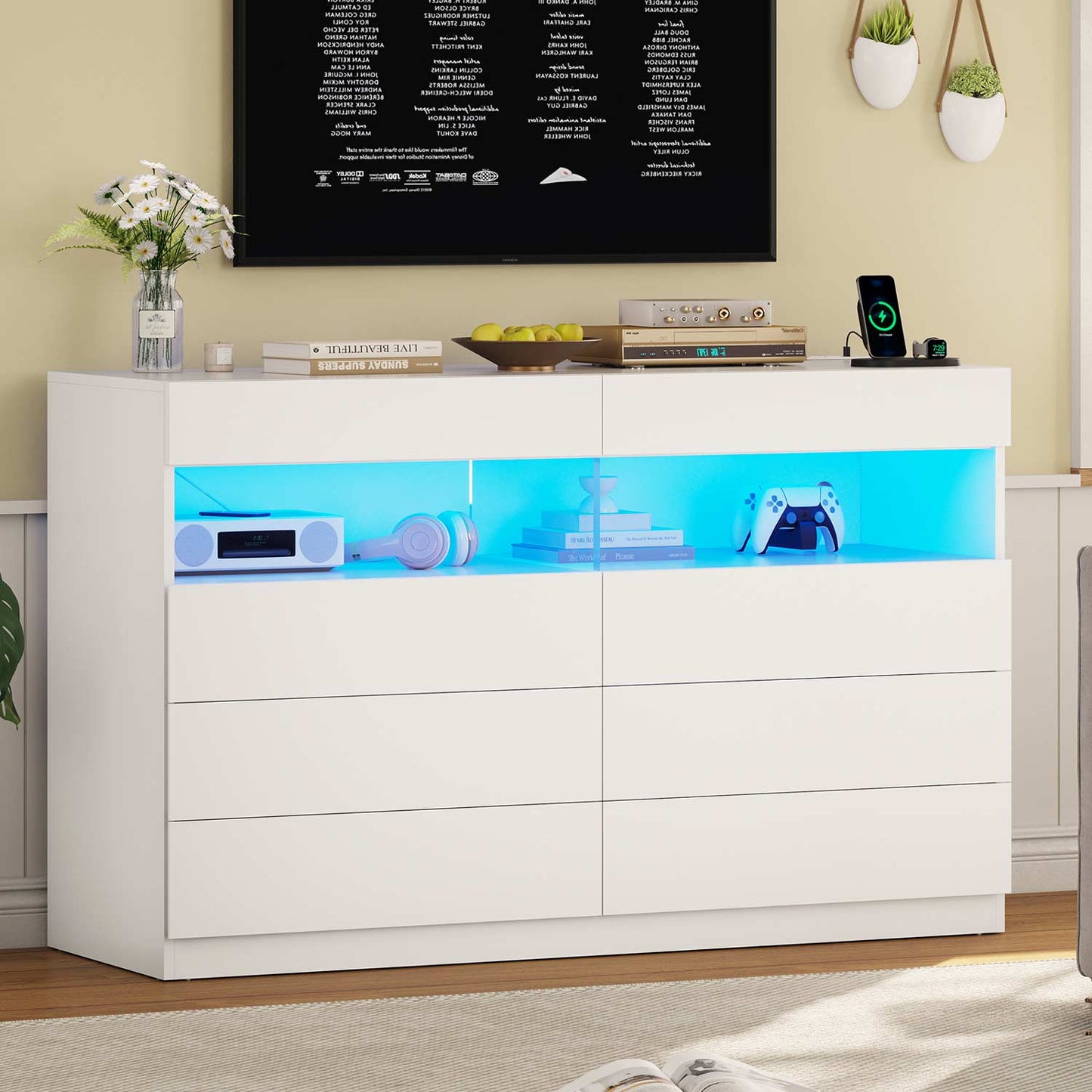 LED 6 Drawers Dresser with Charging Station White