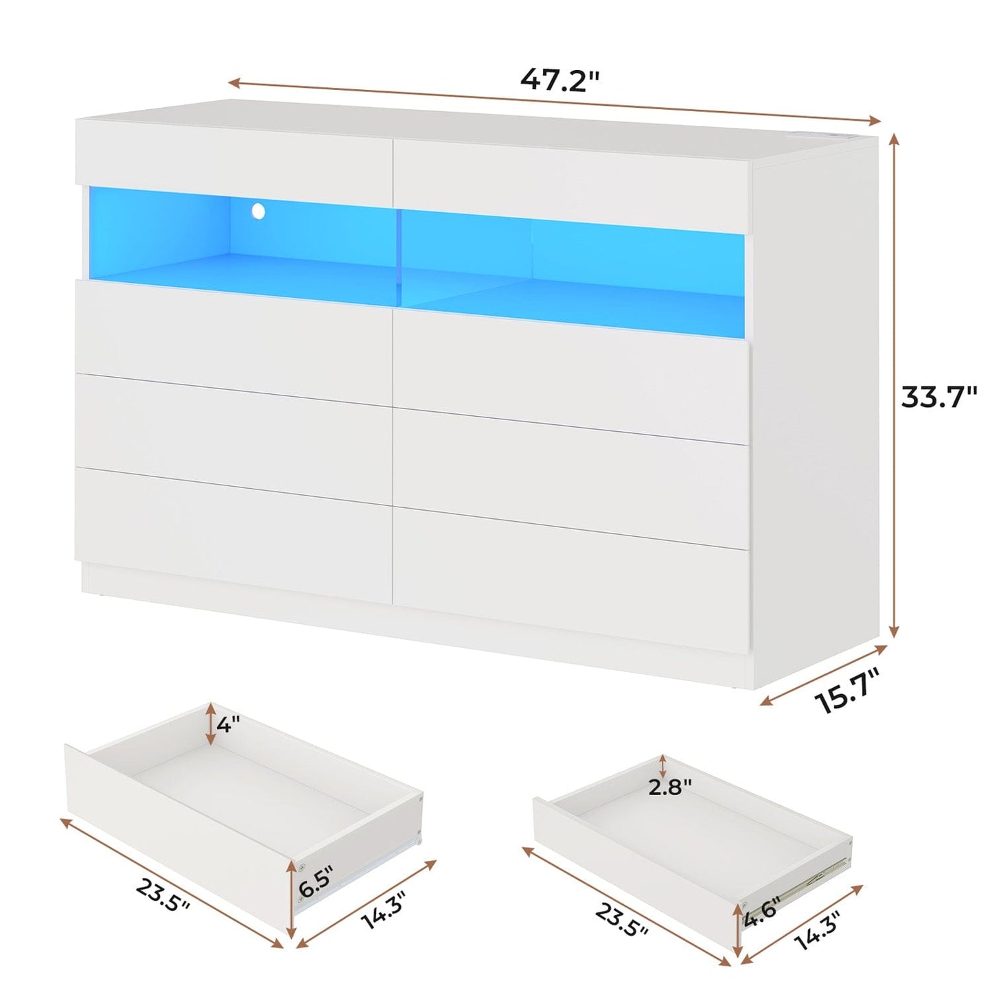LED 6 Drawers Dresser with Charging Station White