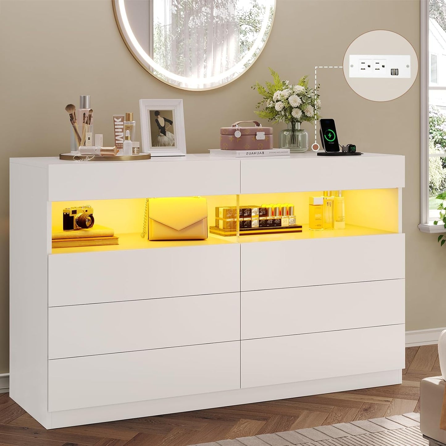 LED 6 Drawers Dresser with Charging Station White