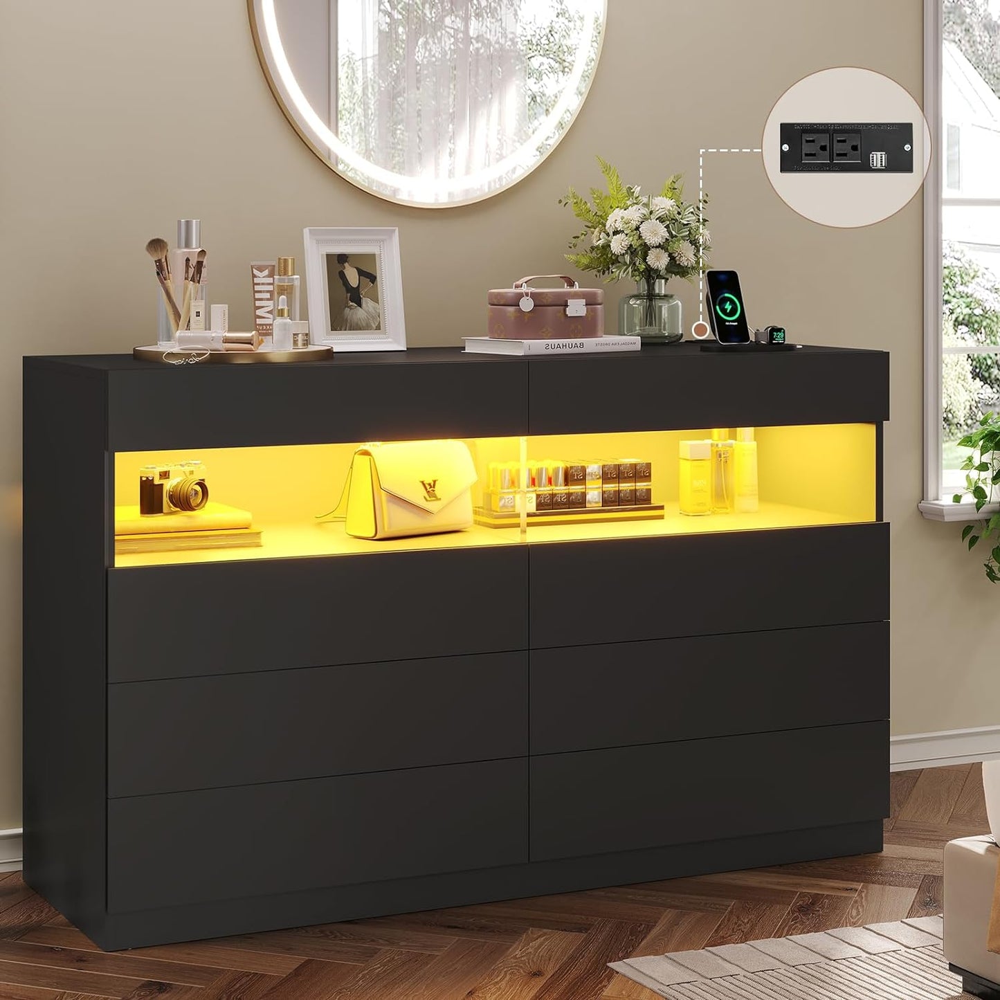LED 6 Drawers Dresser with Charging Station Black