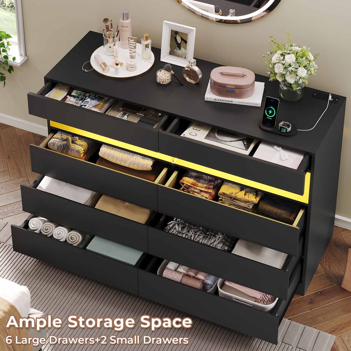 LED 6 Drawers Dresser with Charging Station Black