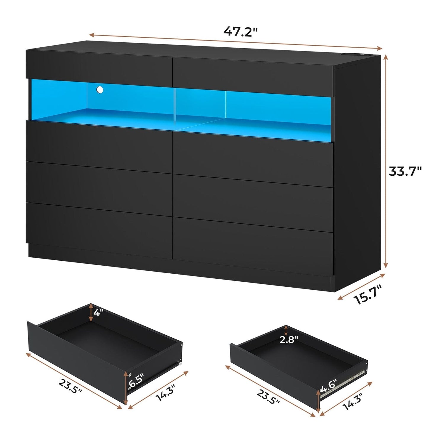 LED 6 Drawers Dresser with Charging Station Black