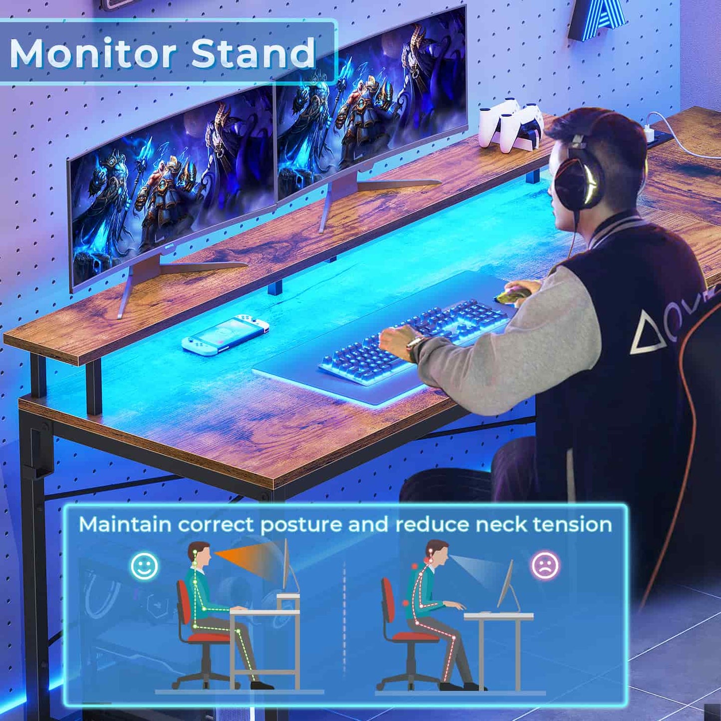 51 Inches Reversible LED Gaming Desk Brown