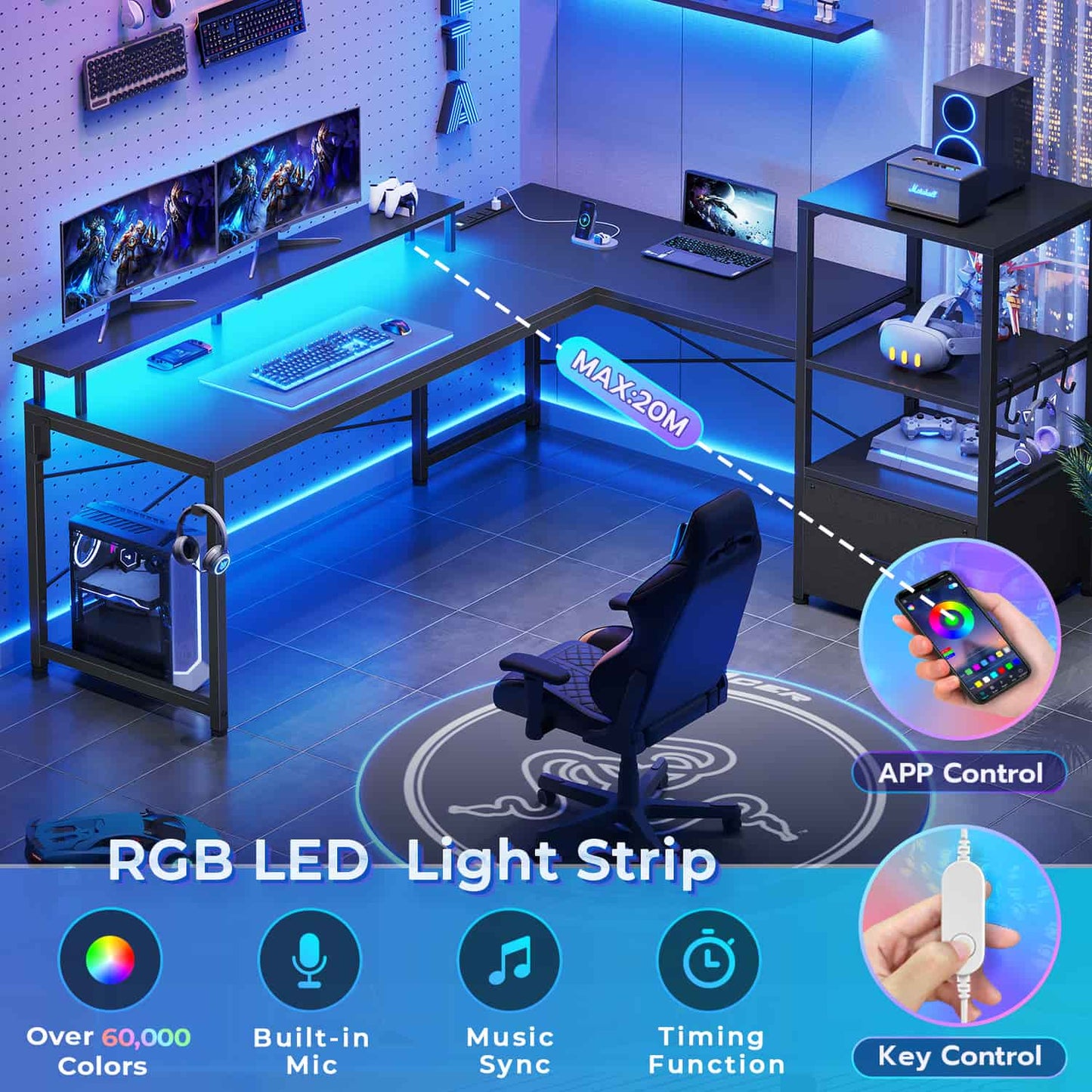 51 Inches Reversible LED Gaming Desk Black