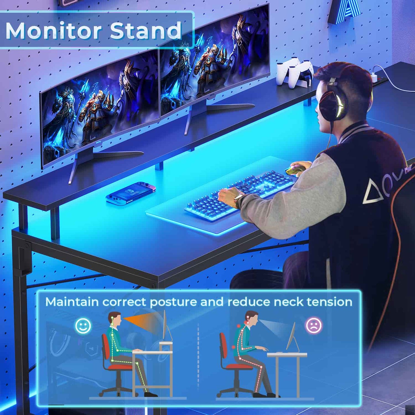 51 Inches Reversible LED Gaming Desk Black