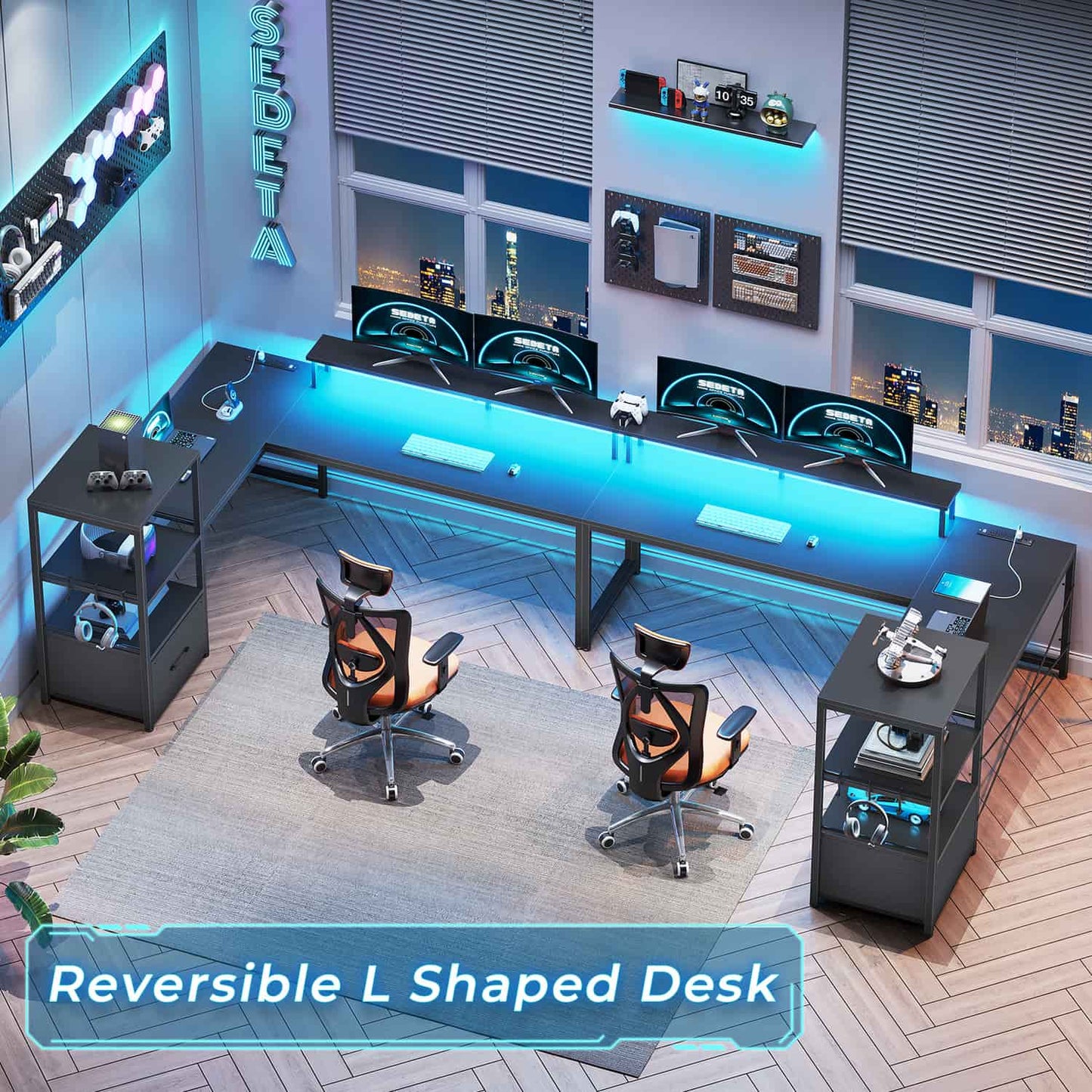 51 Inches Reversible LED Gaming Desk Black
