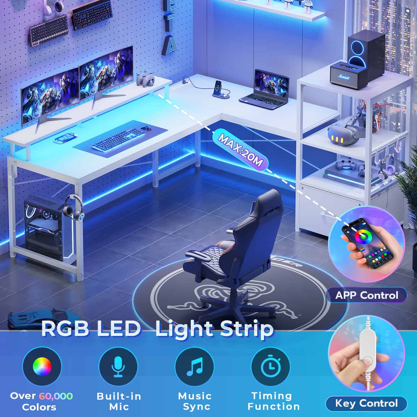 51 Inches Reversible LED Gaming Desk White