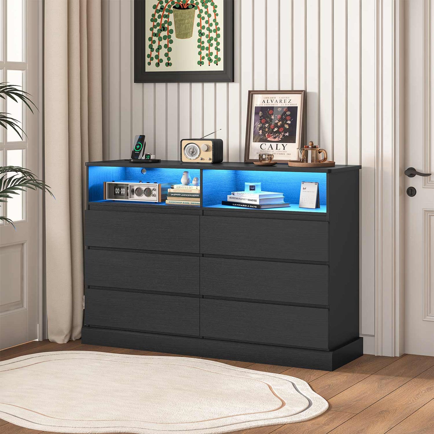 6 Drawers Dresser with  LED Lights Charging Station Black