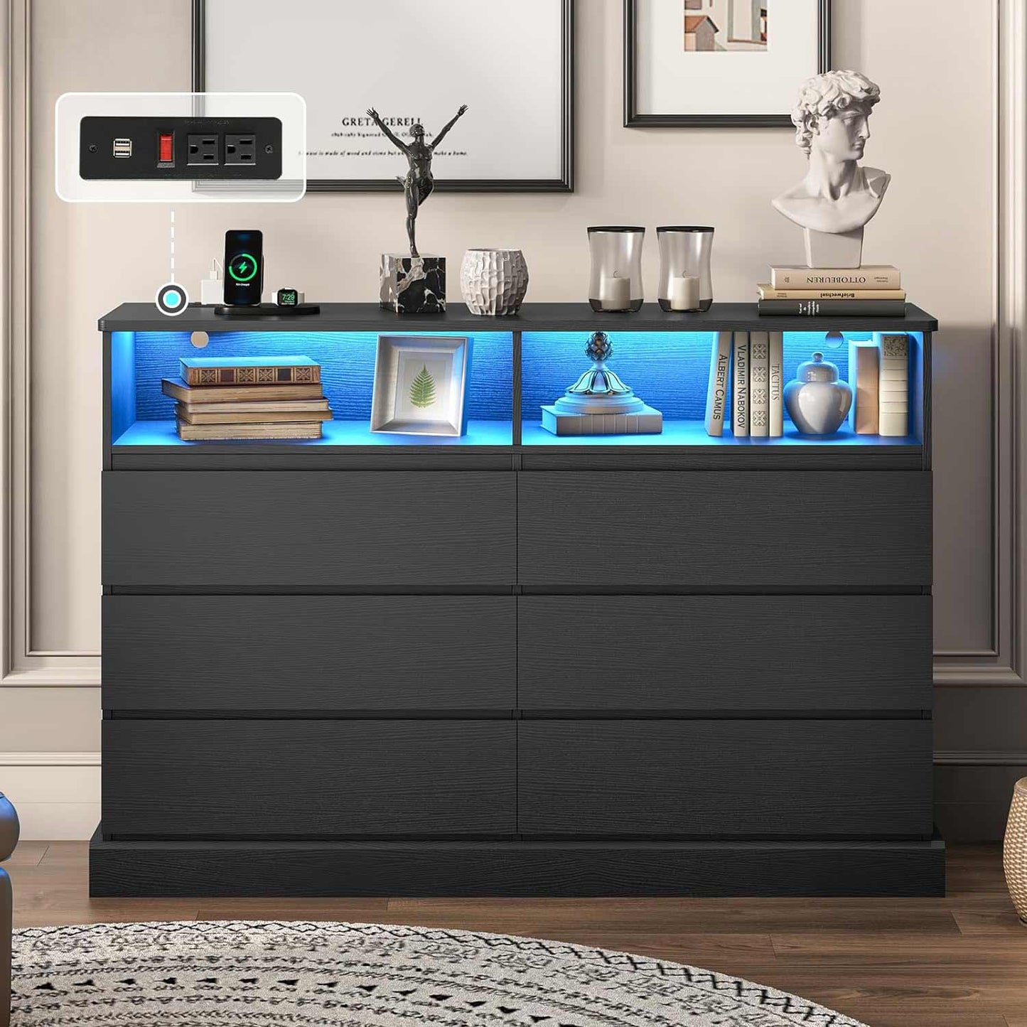 6 Drawers Dresser with  LED Lights Charging Station Black