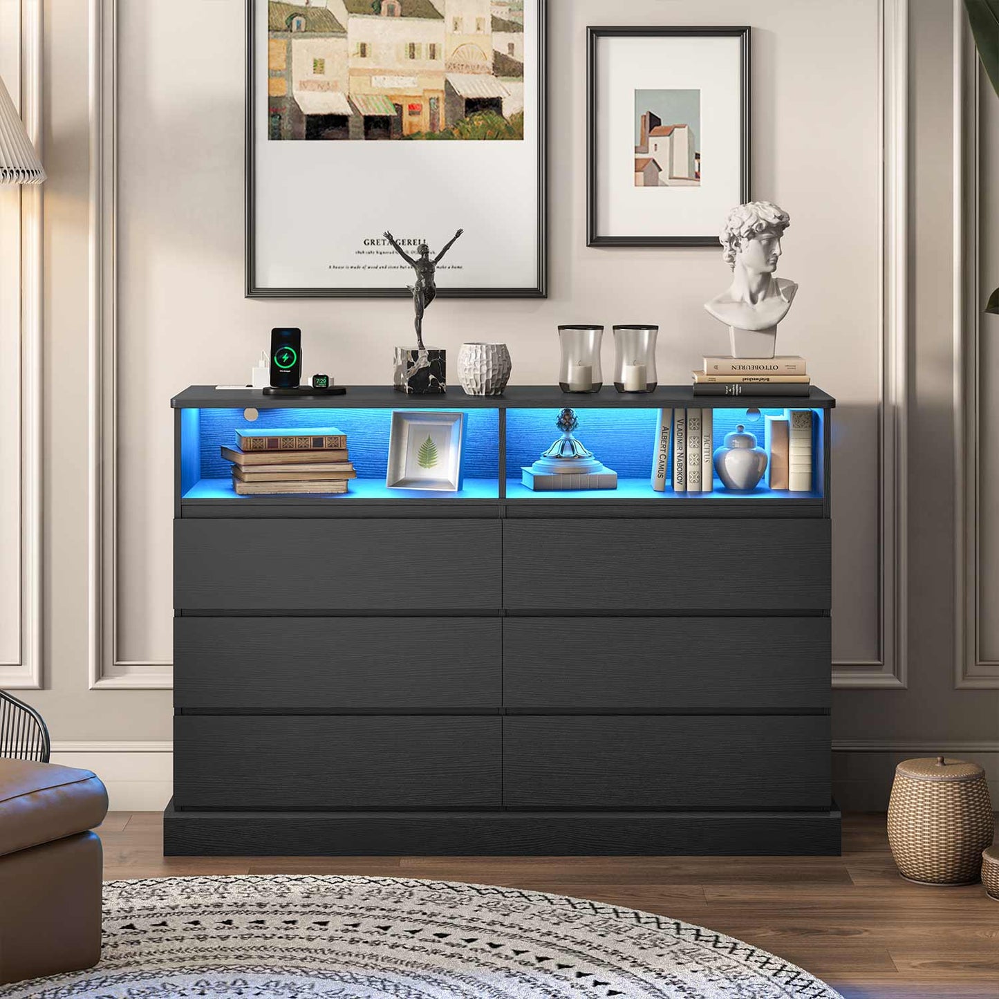 6 Drawers Dresser with  LED Lights Charging Station Black