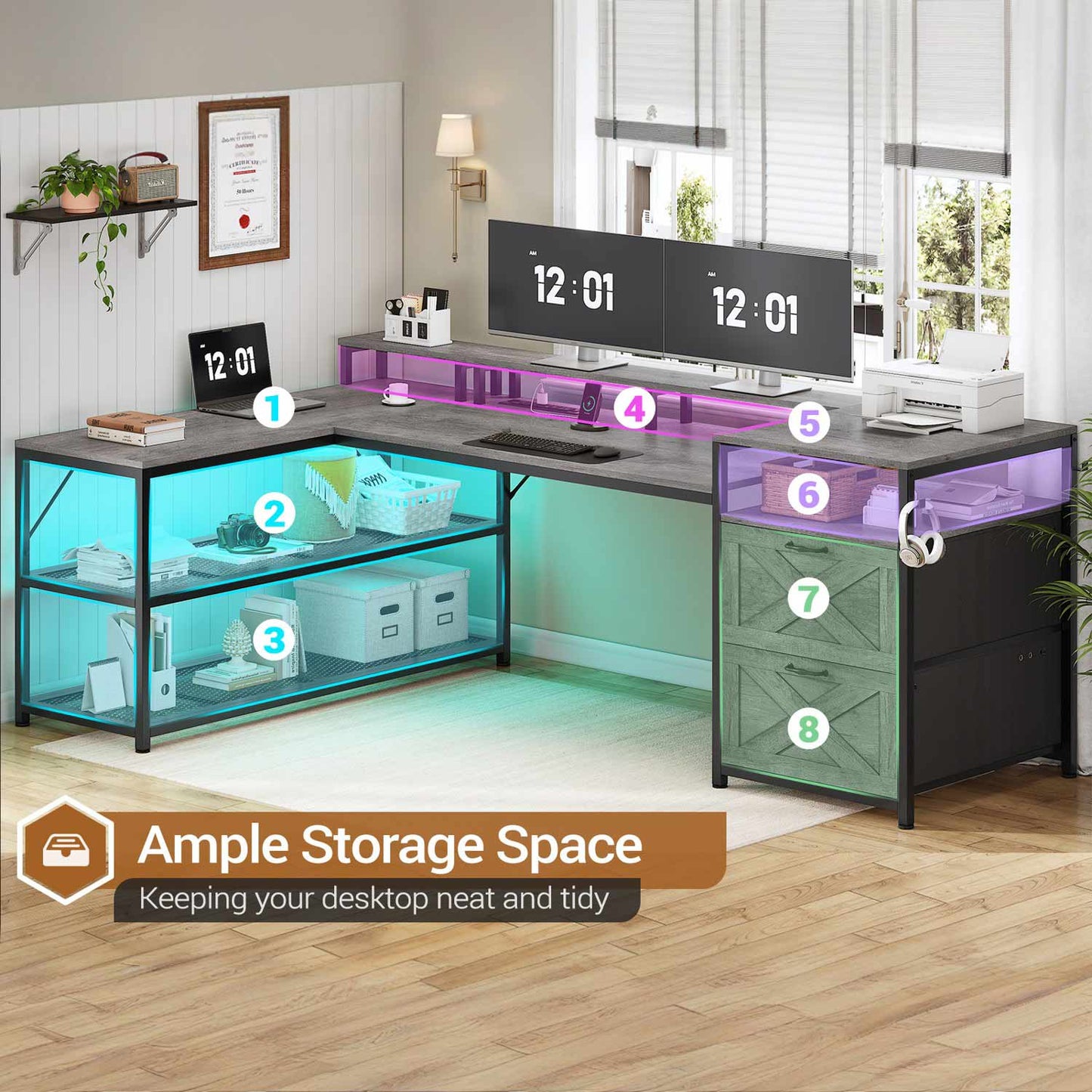 67 Inches Reversible LED Gaming Desk Grey