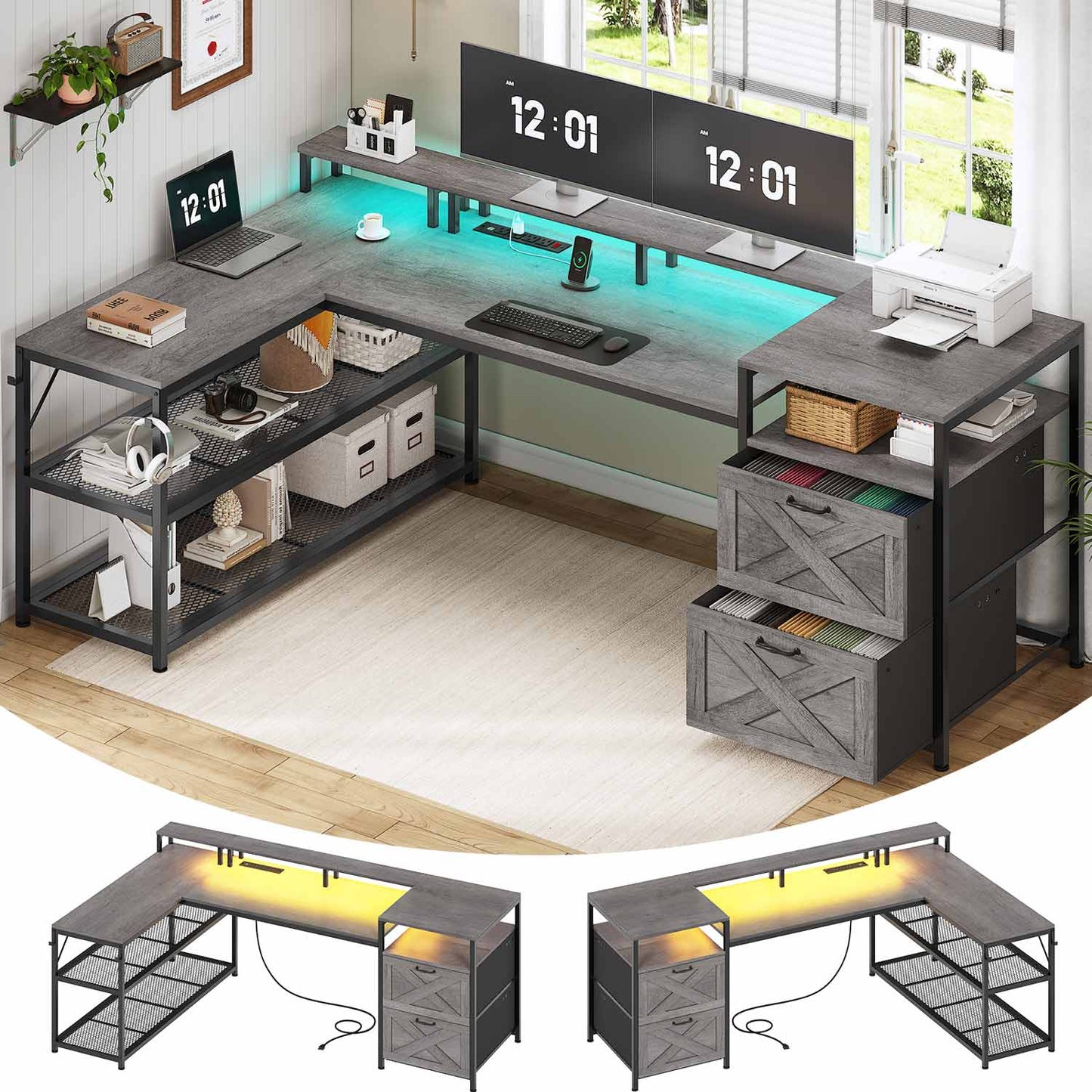 67 Inches Reversible LED Gaming Desk Grey