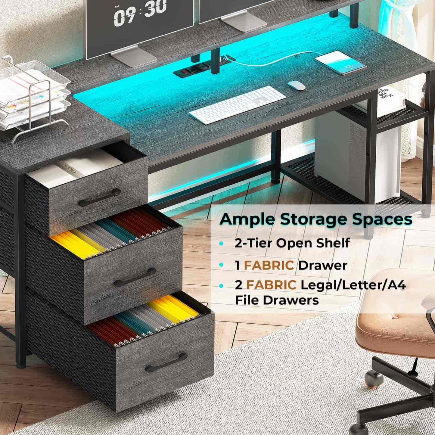 59 Inches Reversible LED Gaming Desk with File Drawers Grey