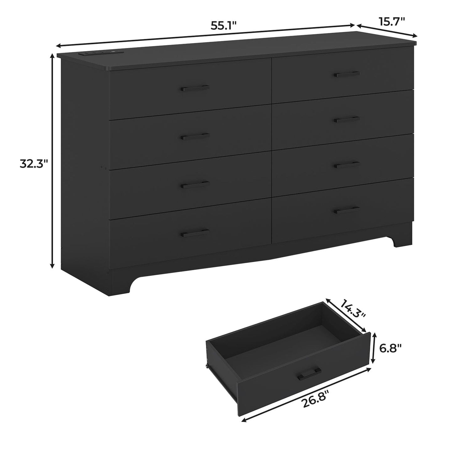 55.1 Inches 8 Drawers Dresser Black
