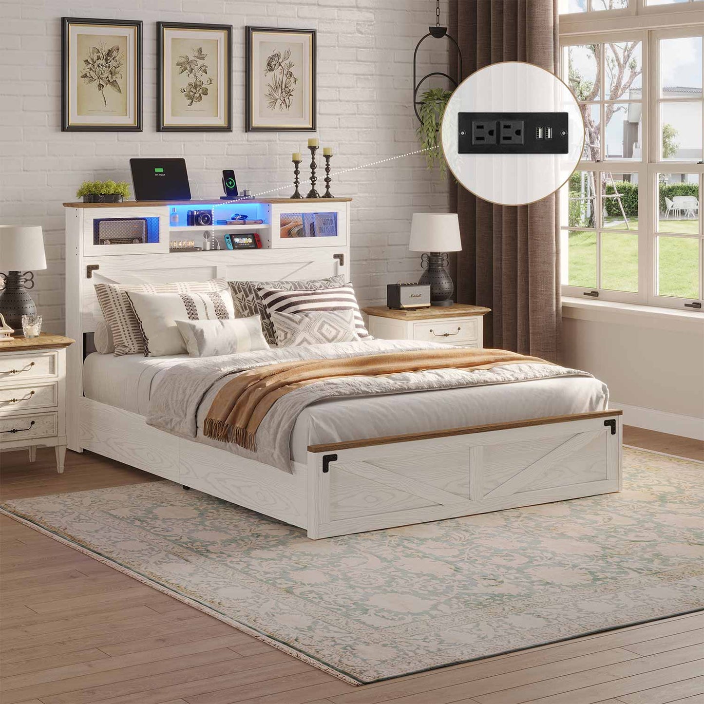 LED Bed Frame with 2 Under Bed Storage Drawers White
