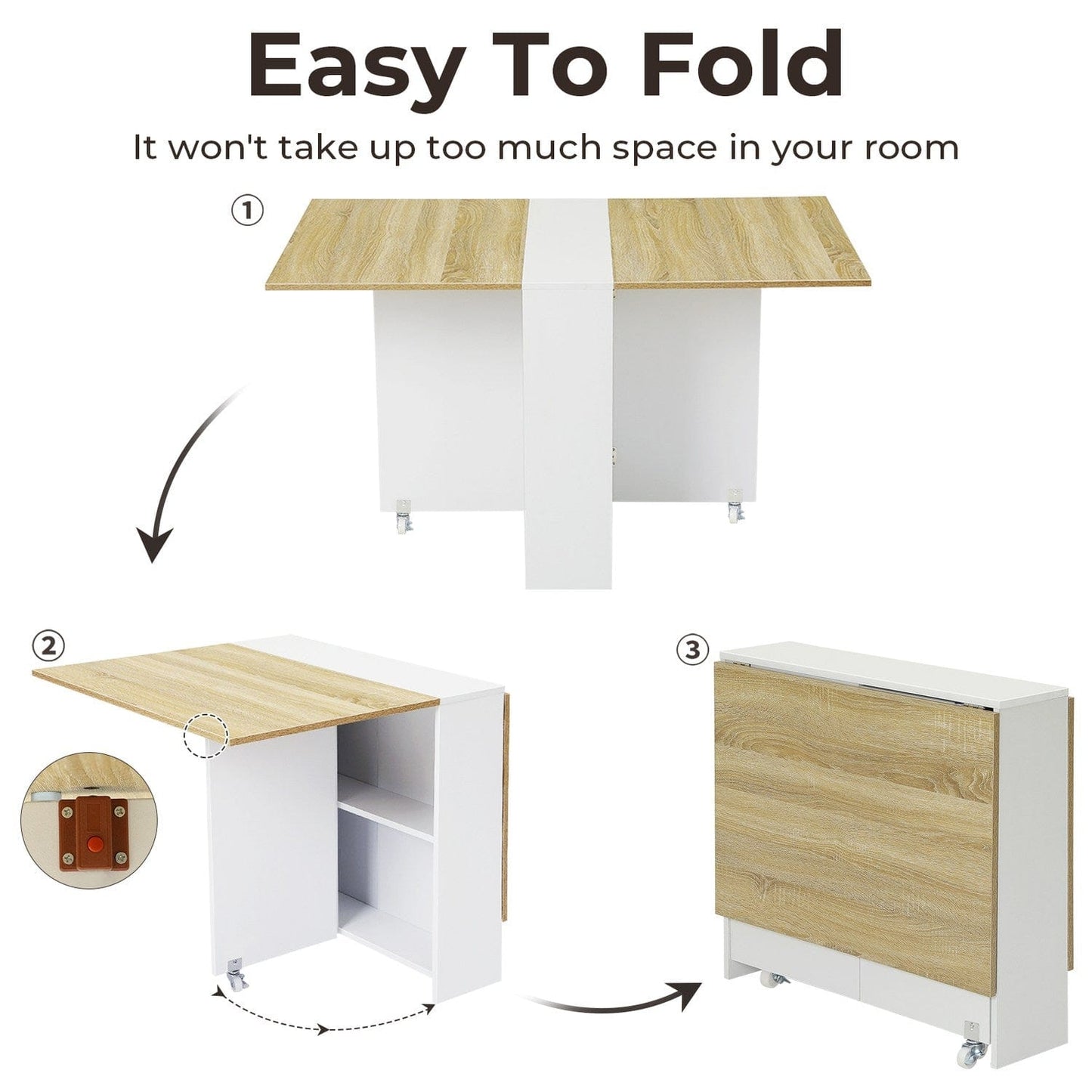Folding Dining Table with Storage Shelves and 6 Casters White