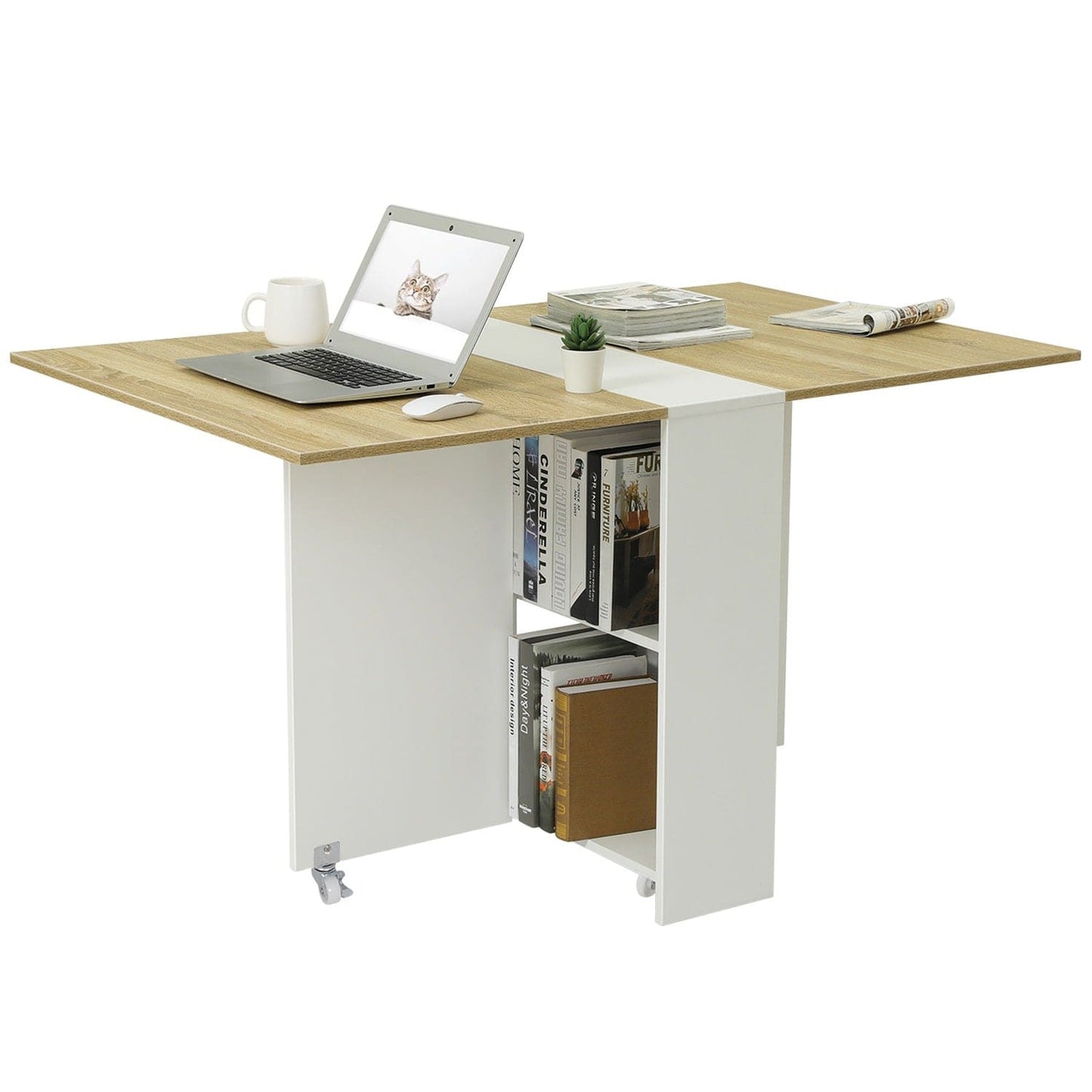 Folding Dining Table with Storage Shelves and 6 Casters White