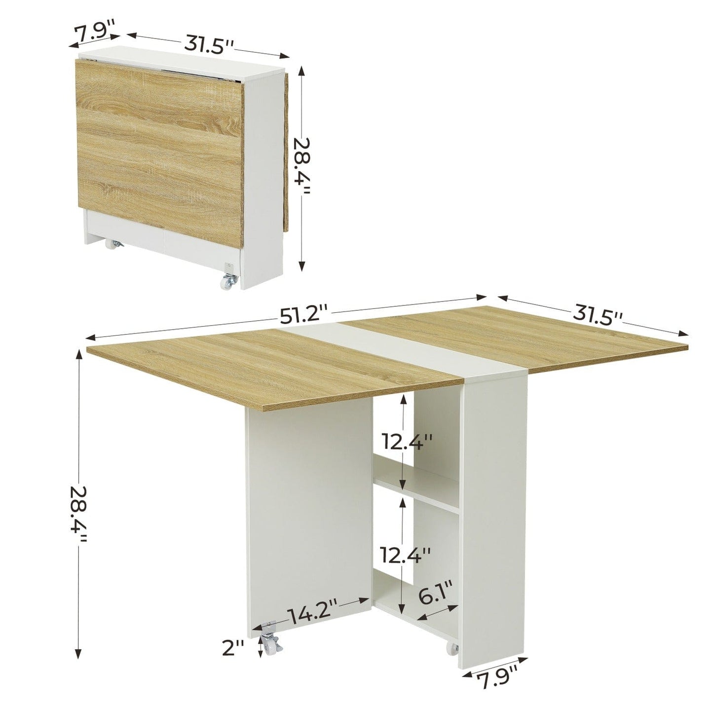 Folding Dining Table with Storage Shelves and 6 Casters White