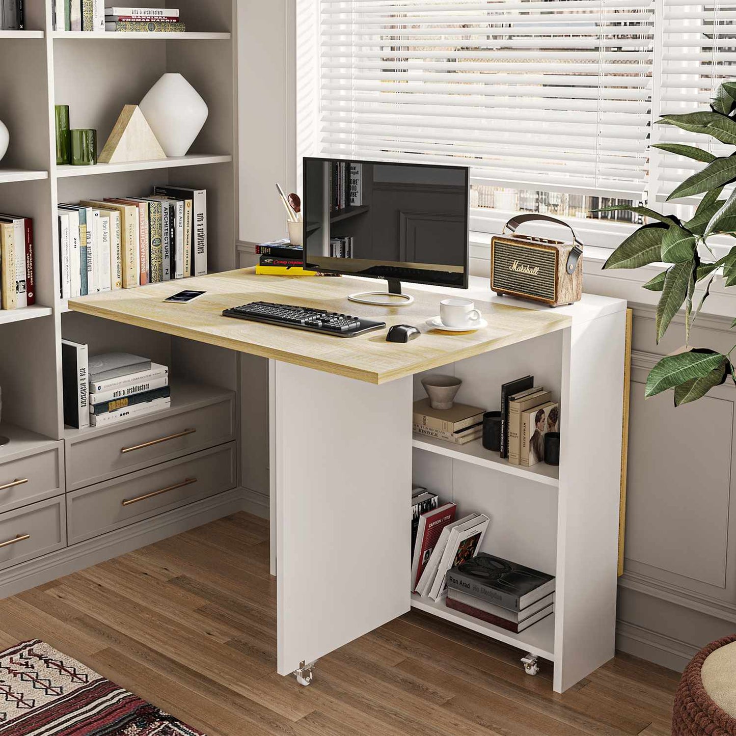 Folding Dining Table with Storage Shelves and 6 Casters White