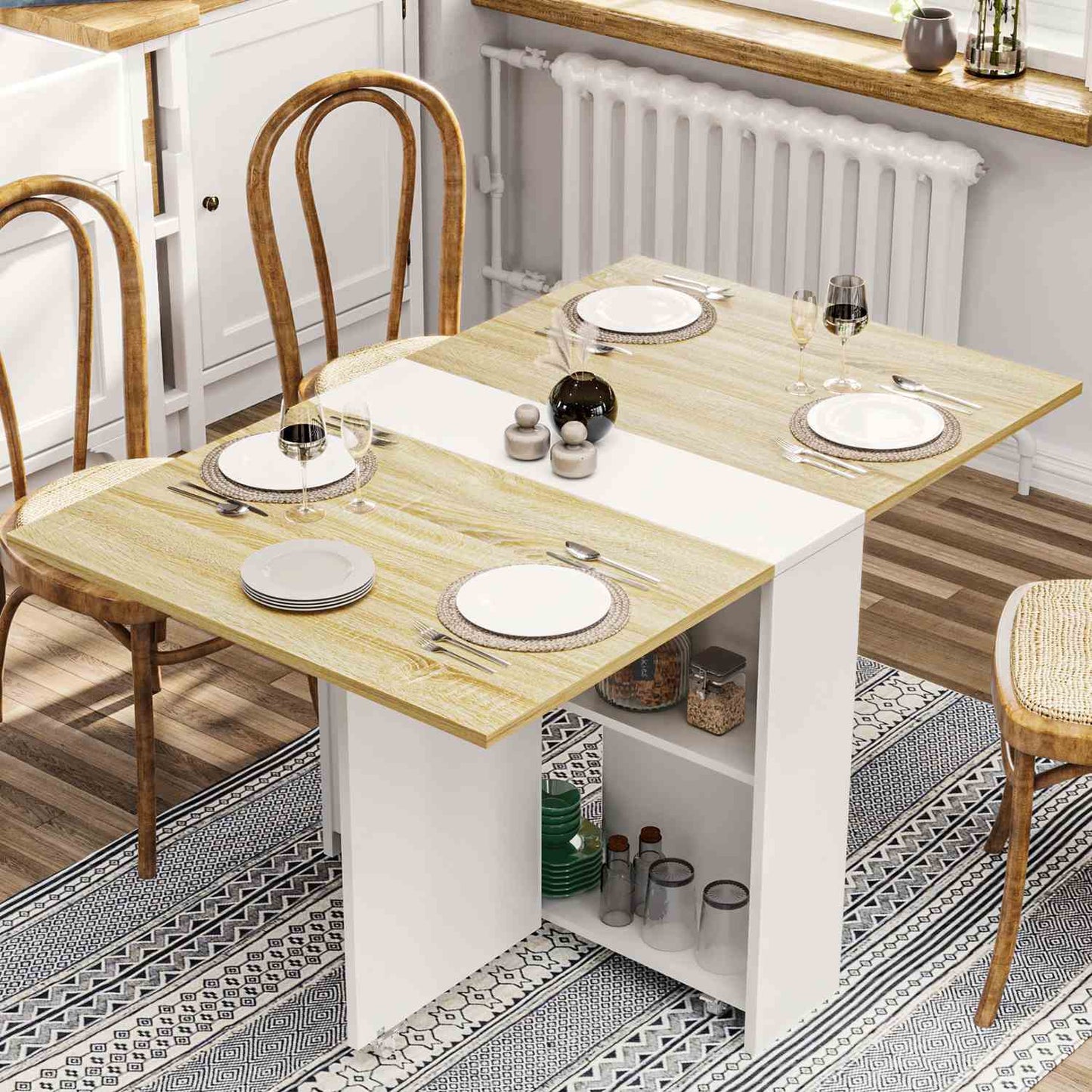 Folding Dining Table with Storage Shelves and 6 Casters White