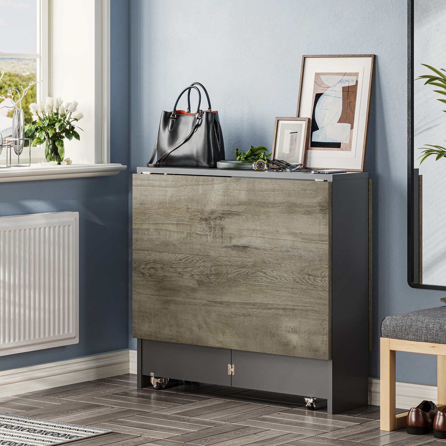 Folding Dining Table with Storage Shelf Chestnut and Grey