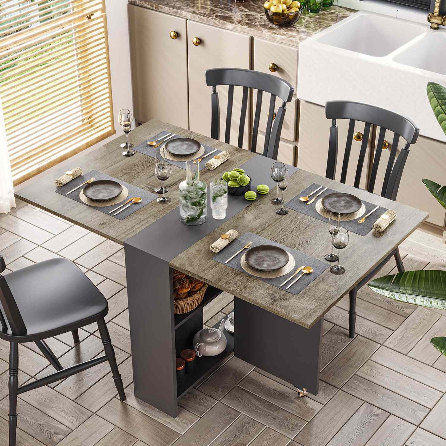Folding Dining Table with Storage Shelf Chestnut and Grey