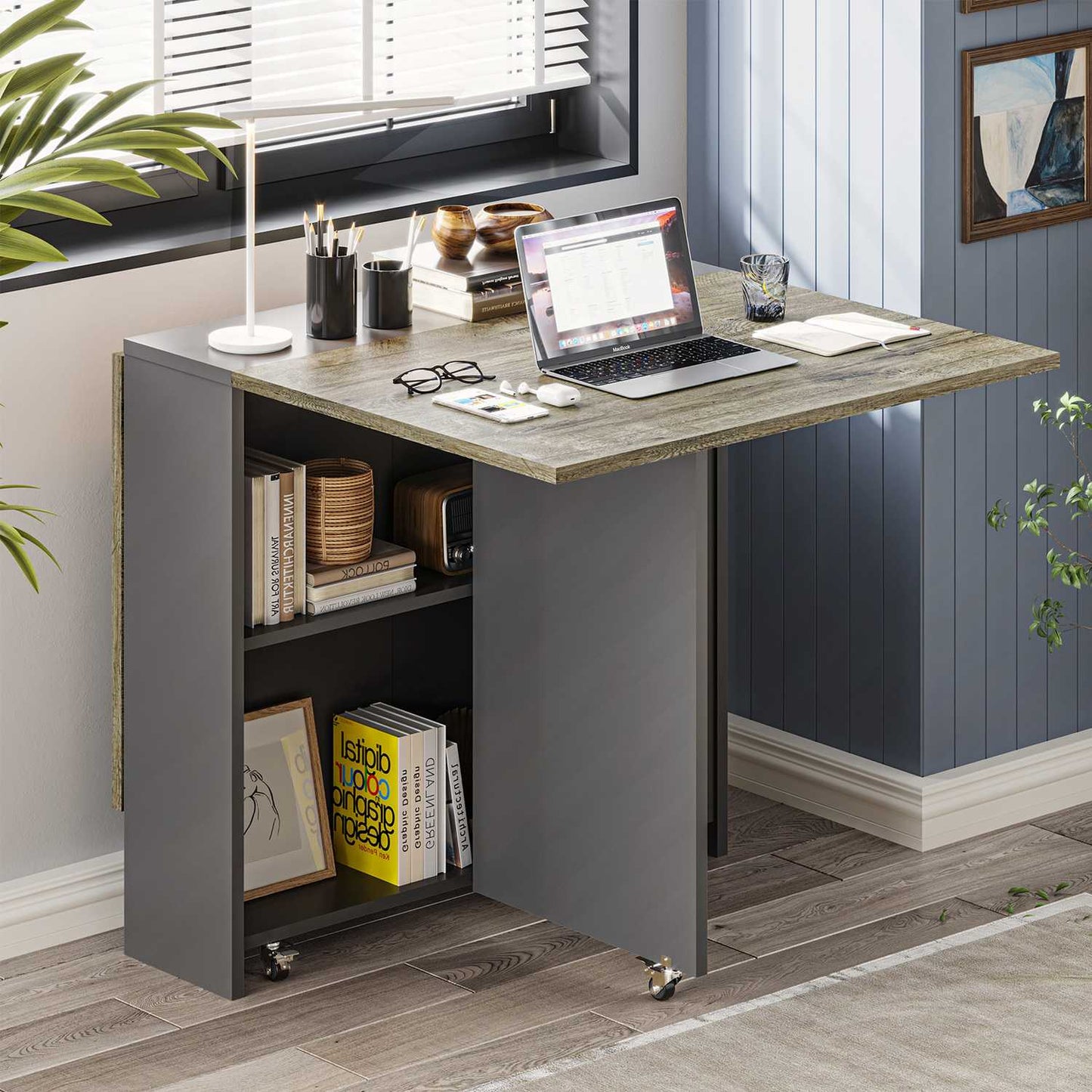 Folding Dining Table with Storage Shelf Chestnut and Grey