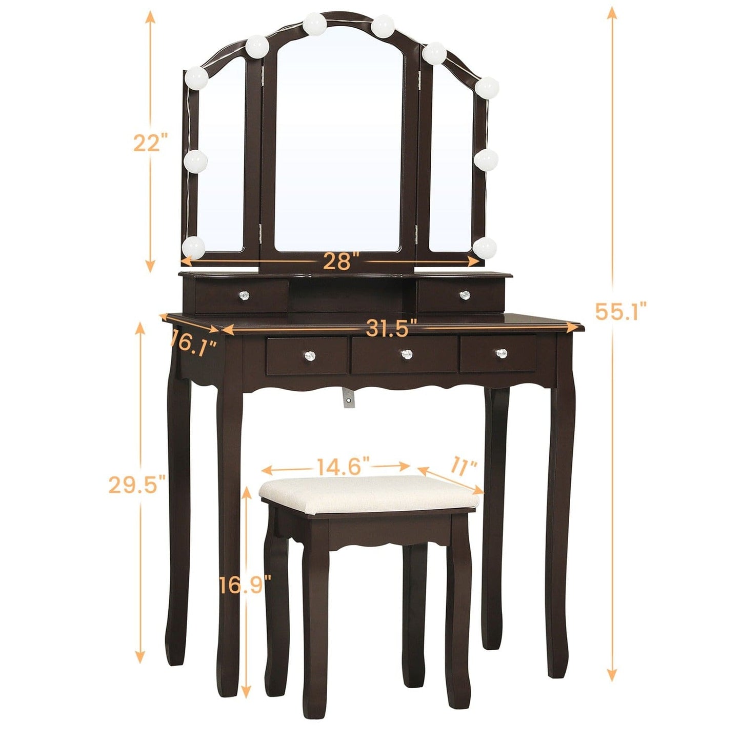 Makeup Vanity Set with LED Mirror Cushioned Stool Brown
