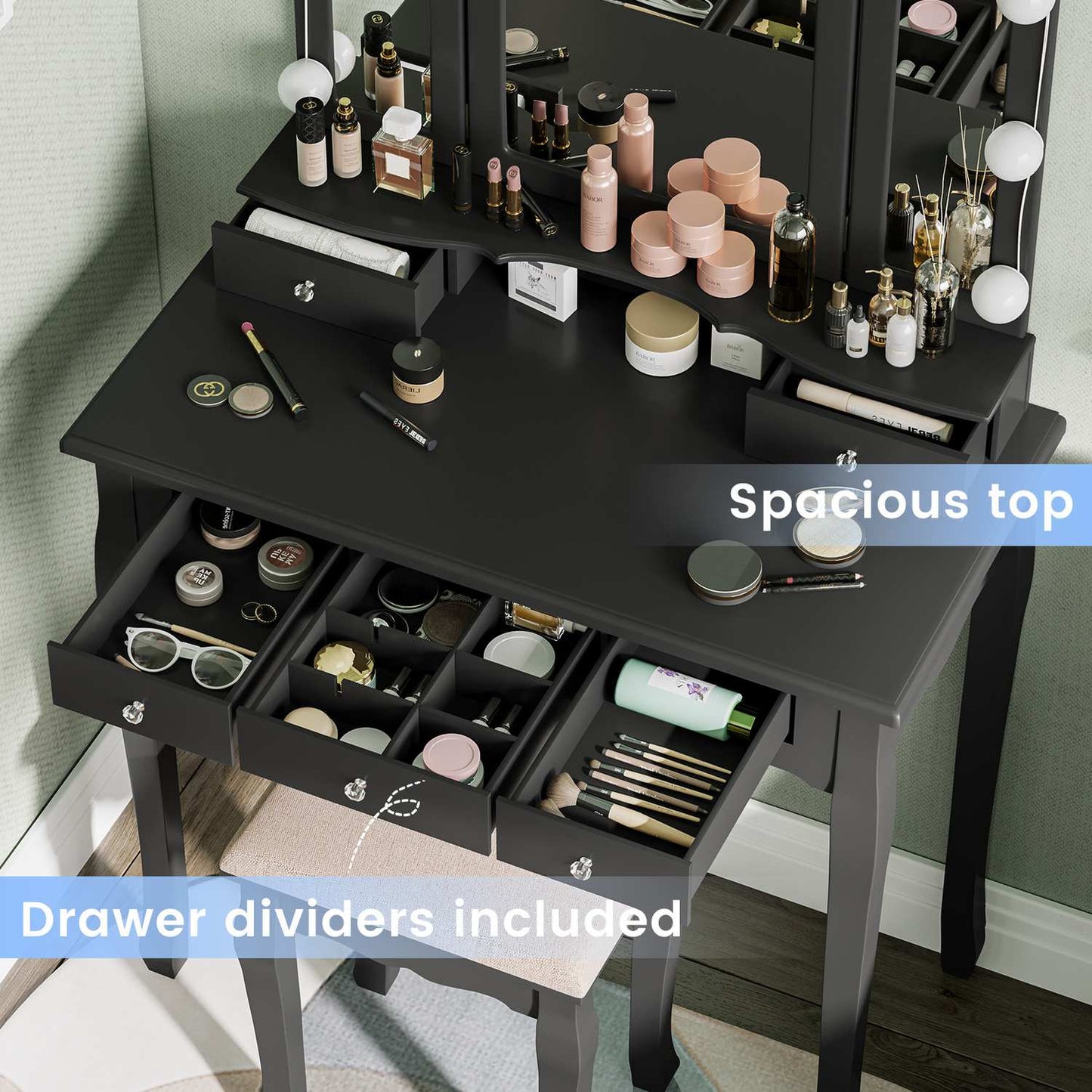 Makeup Vanity Set with LED Mirror Cushioned Stool Black