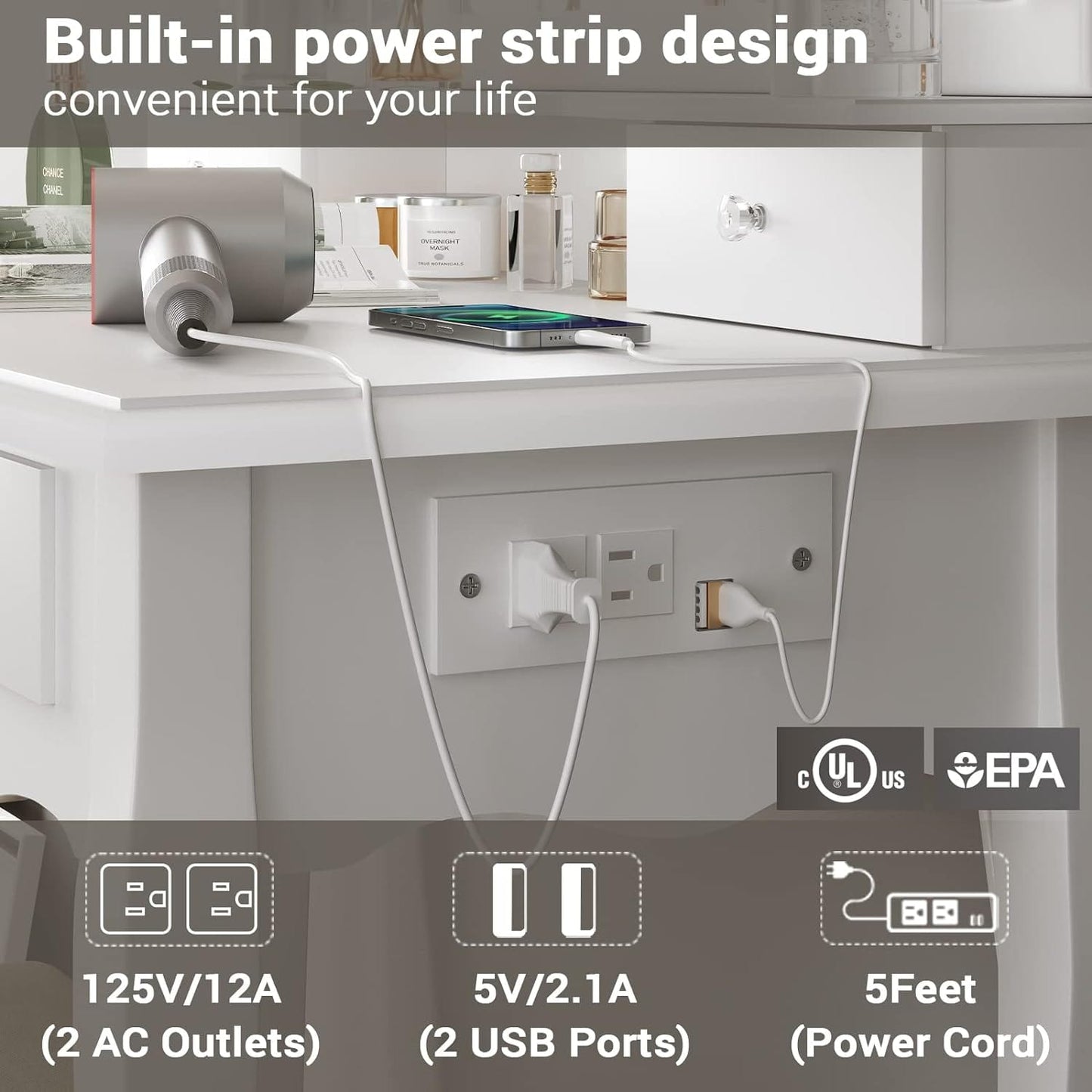 Makeup Vanity Set with LED Mirror Cushioned Stool White