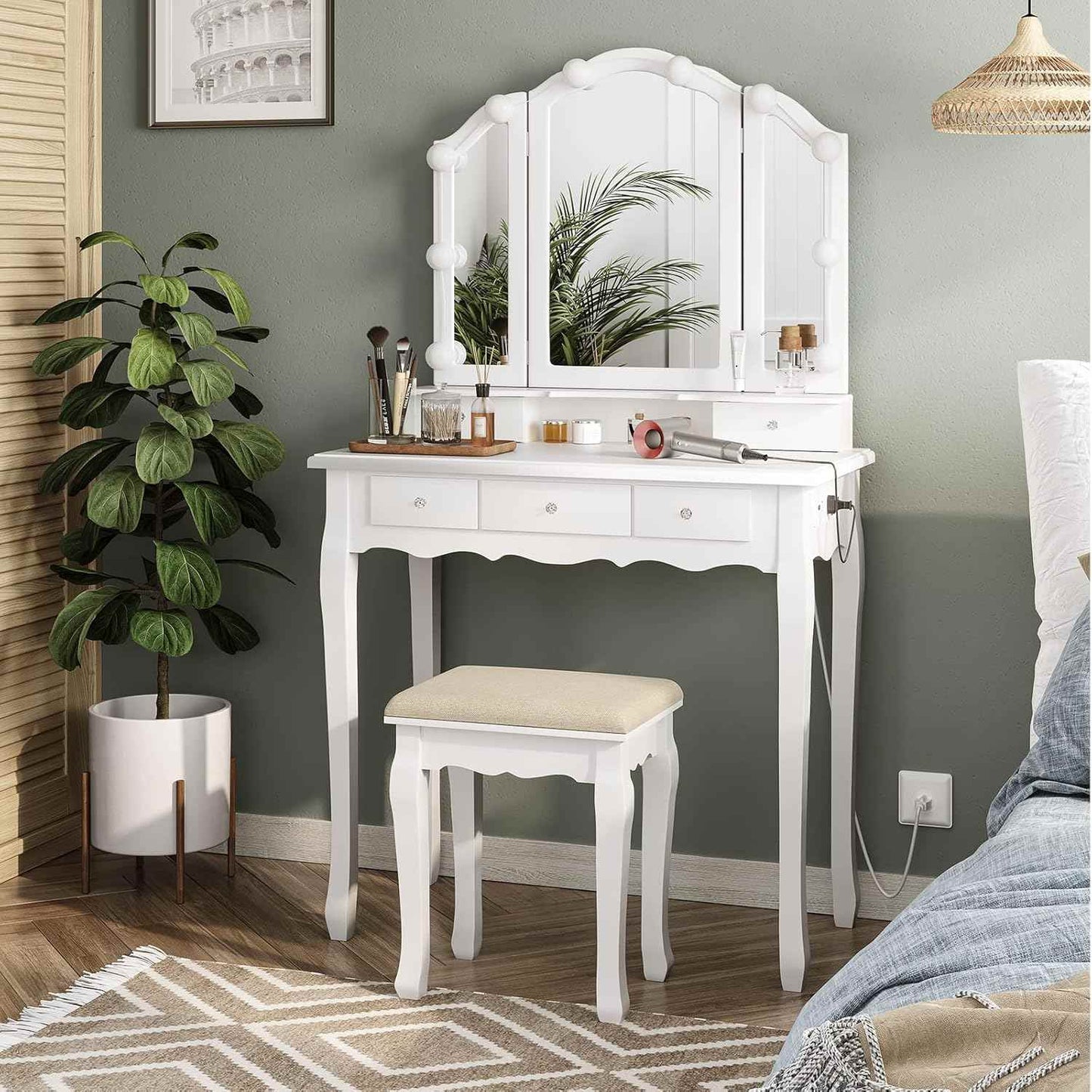 Makeup Vanity Set with LED Mirror Cushioned Stool White