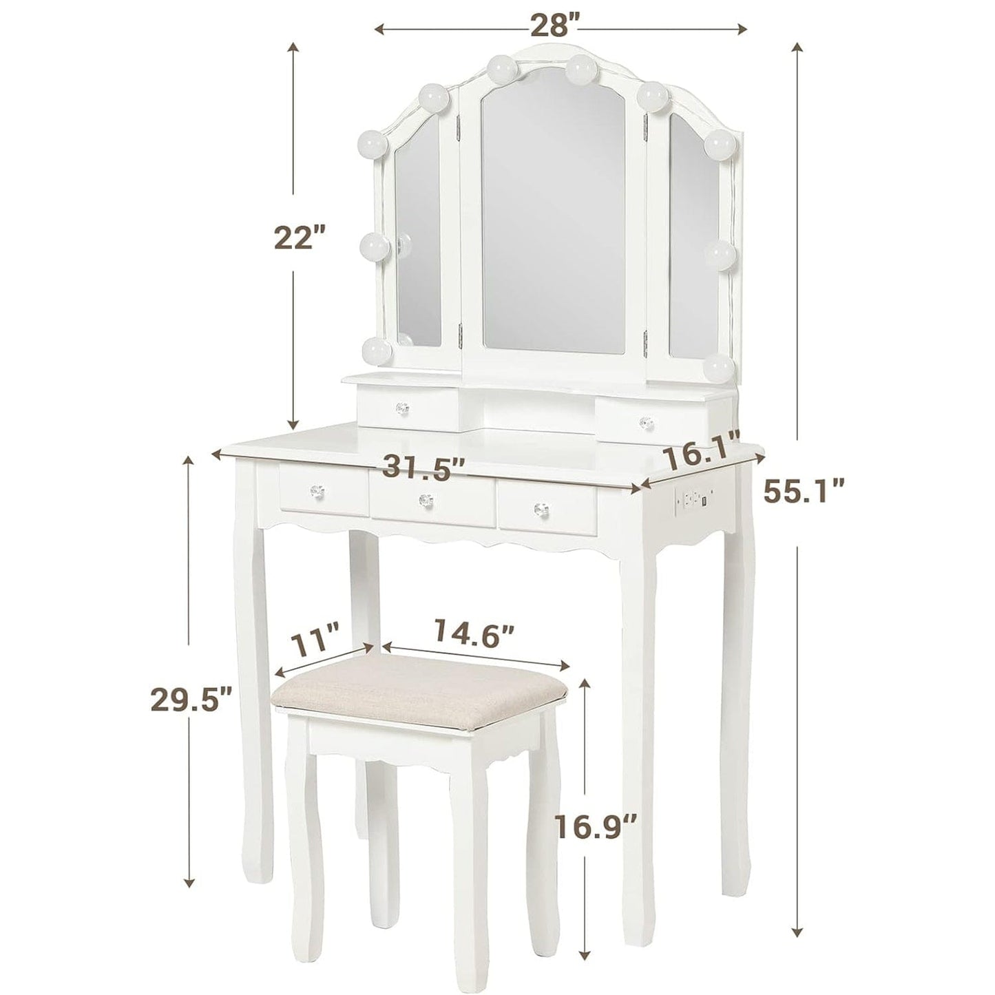 Makeup Vanity Set with LED Mirror Cushioned Stool White