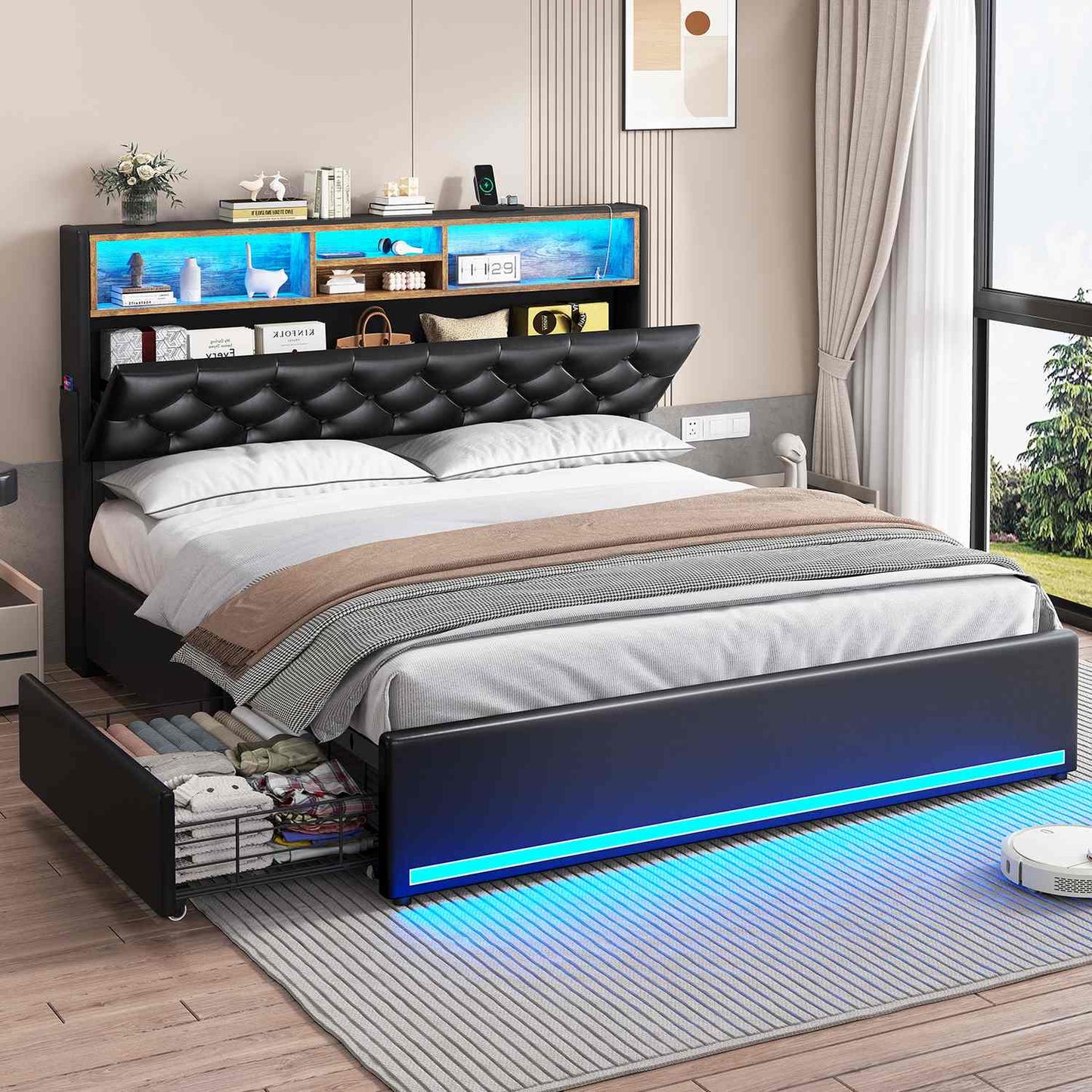 PU Leather Upholstered Bed Frame with LED Lights Black